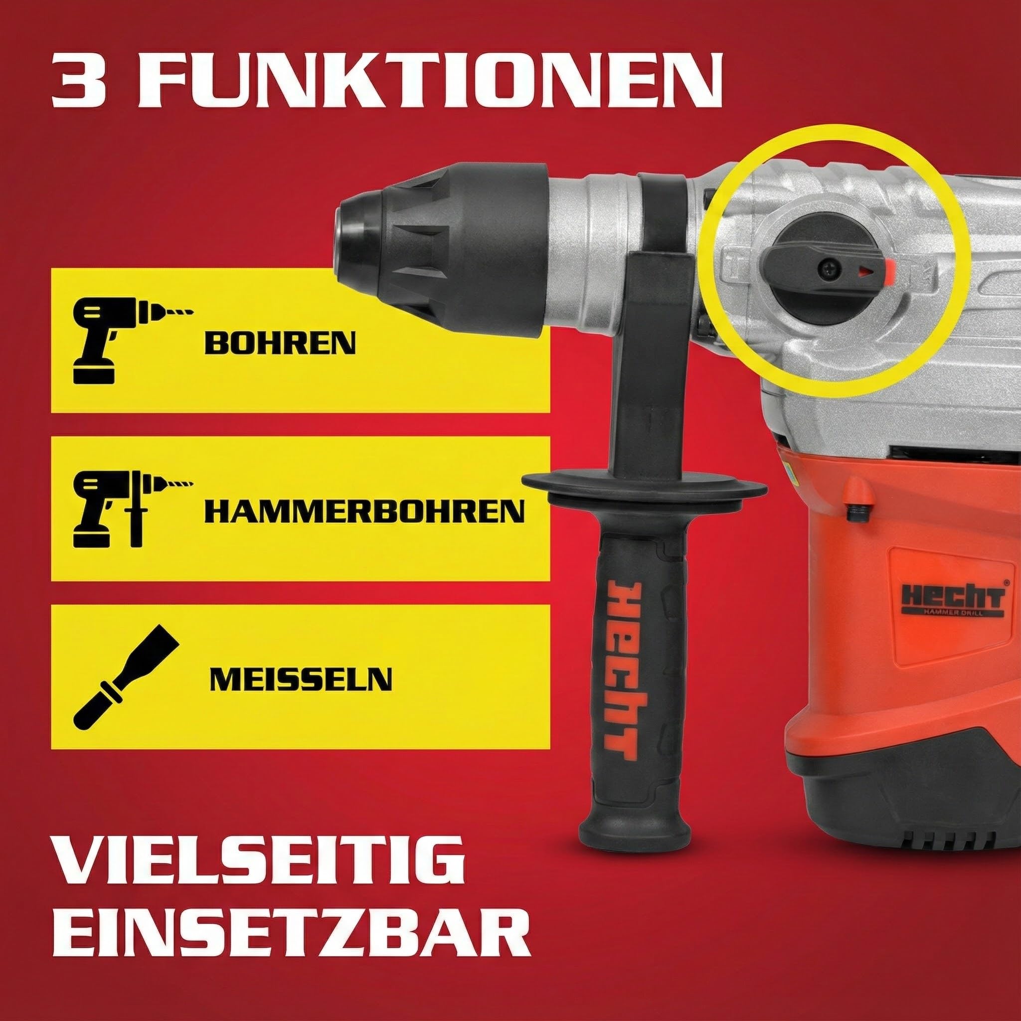 HECHT starkes Bohrhammer Set mit 1500 Watt (Zerstörer 2025) – Mit Zubehör, Meißel und Koffer – Perfekt für Beton – Mit Meißelfunktion (enorme 6 Joule) - Robuster Bohrhammer