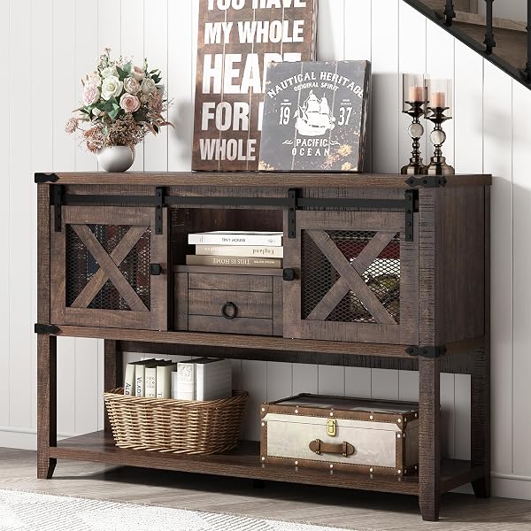 Hlivelood Farmhouse Entryway Table with Sliding Barn Doors & Drawer, 46 Rustic Console Table with Storage, Open Shelf Sp