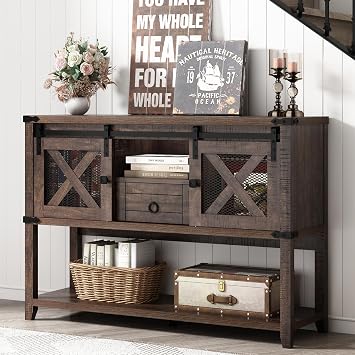 Hlivelood Farmhouse Entryway Table with 2 Sliding Barn Doors & Drawer, 46 Rustic Console Table with Storage, Open Shelf Space, Industrial Sofa Table for Living Room, Entryway, Hallway, Brown