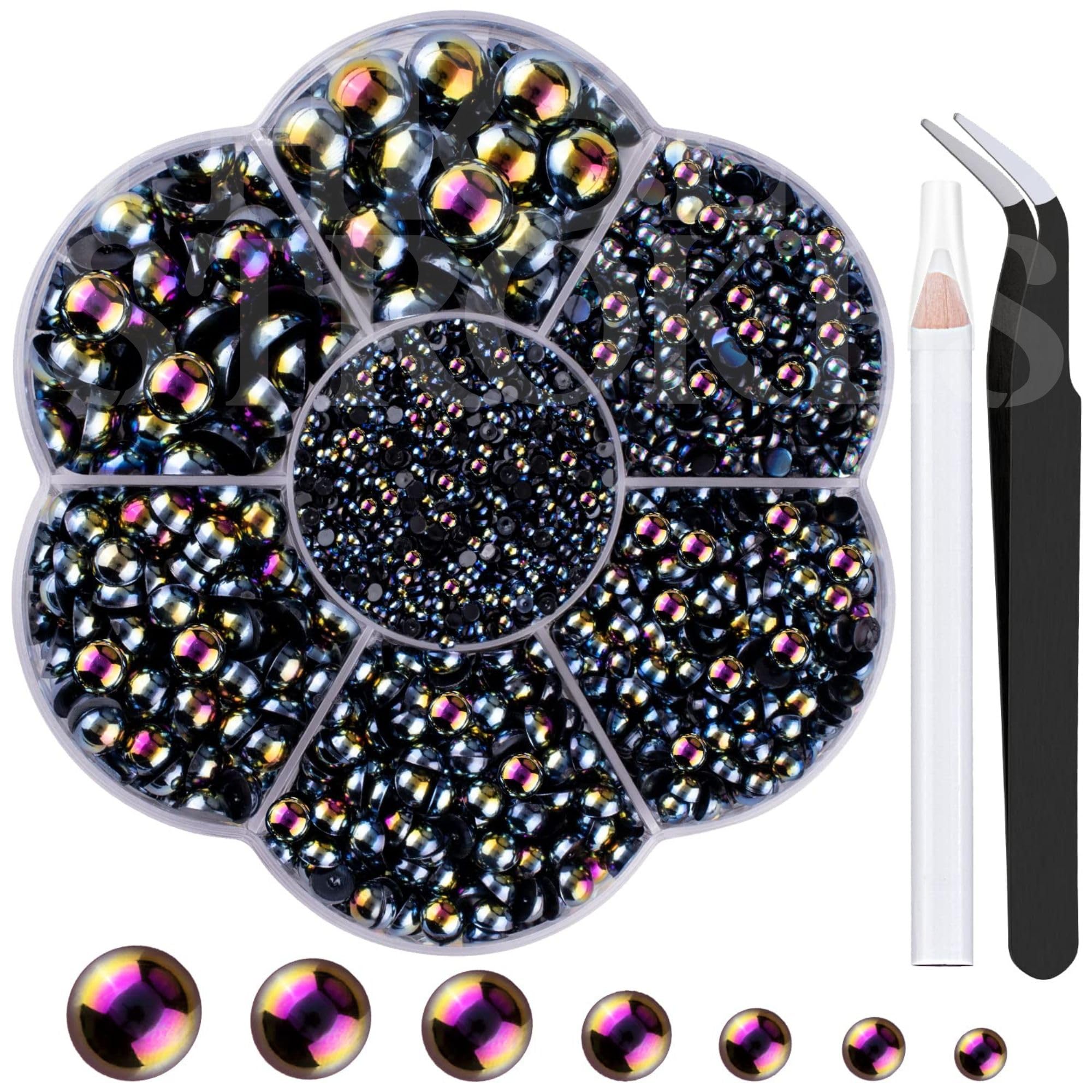 THR3E STROKES Nail Art Flat Back Half Round Pearl Kits 15, 1 Box of 6000 Pcs Flat-Back Black AB Pearl with Tweezer and Picker Pencil for Home DIY Nails Body Face Craft and Salon Use (D60)-image-37