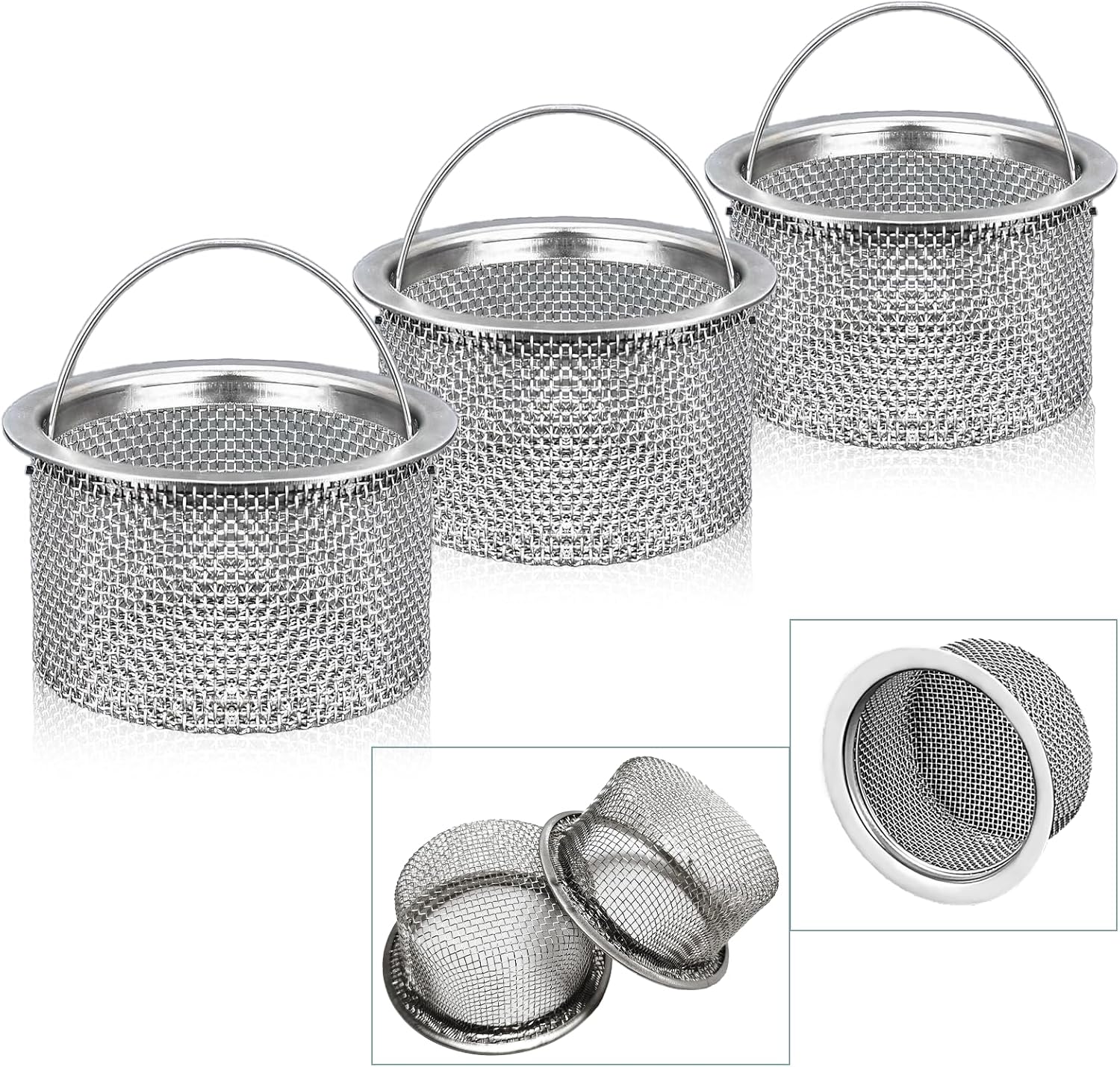 Kitchen Sink Drain Strainer, Fine Mesh,Sink with Handle Food Collection Filter,Stainless Steel Accessories,3 Inch Mesh Sink Strainer, Dishwasher Washable(3-Pack)
