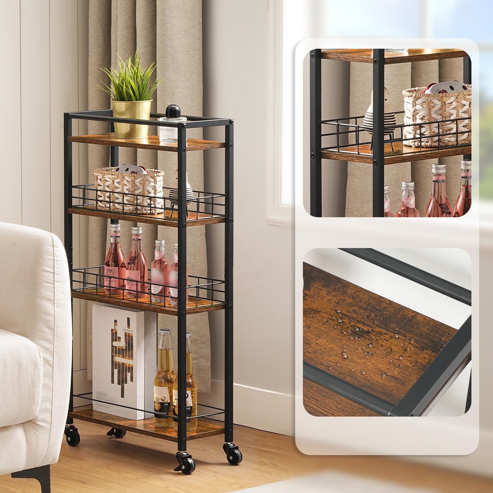 HOOBRO Carrello da Cucina a 4 Ripiani, Carrello di Servizio Stretto e Multifunzione, con Ruote e Cestelli in Rete, per Cucina, Bagno, Sala da Pranzo, Lavanderia, Marrone Vintage e Nero EBF17TC01