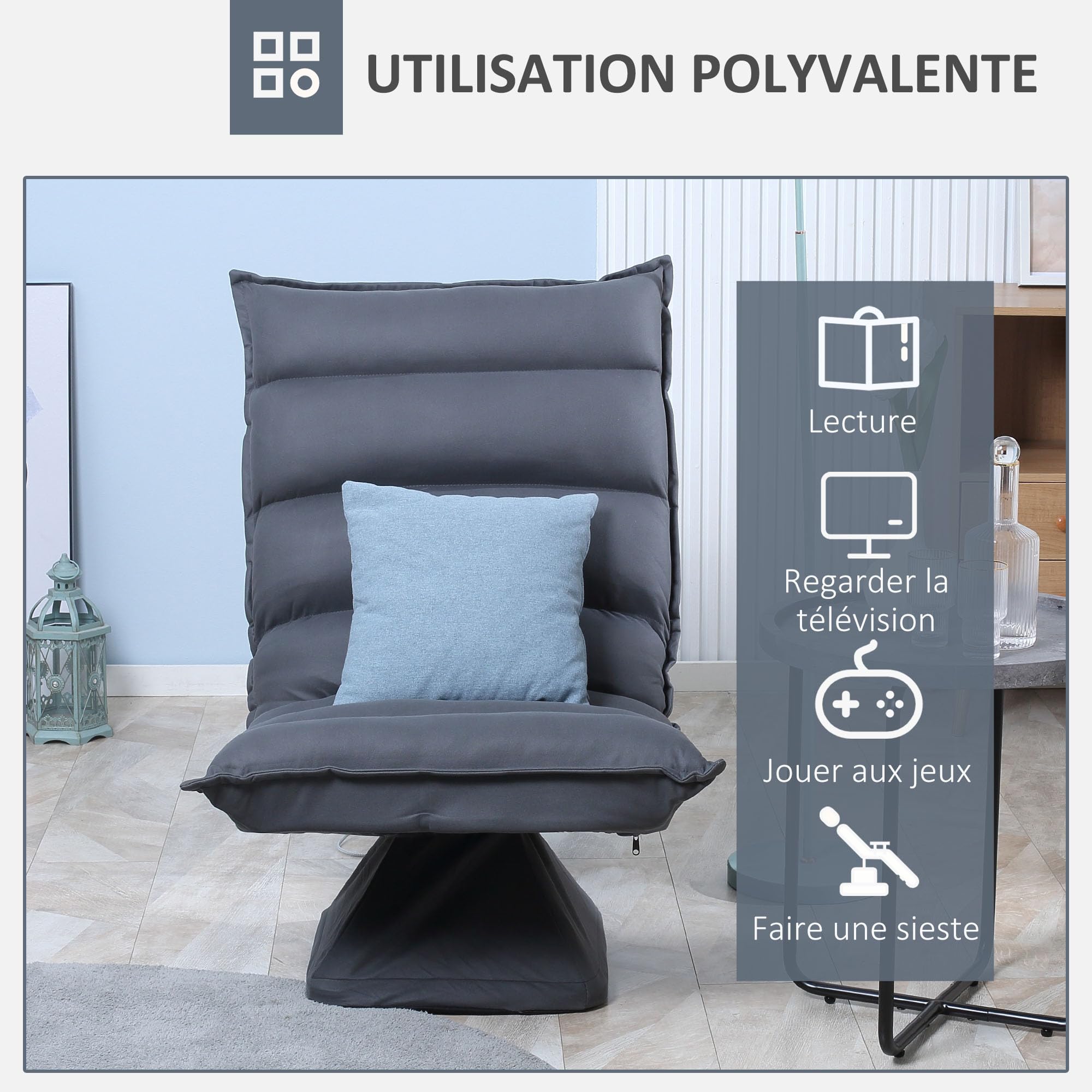 HOMCOM Fauteuil de Sol Paresseux pivotant 360° avec Dossier inclinable Design capitonné - revêtement en Tissu Microfibre Gris foncé