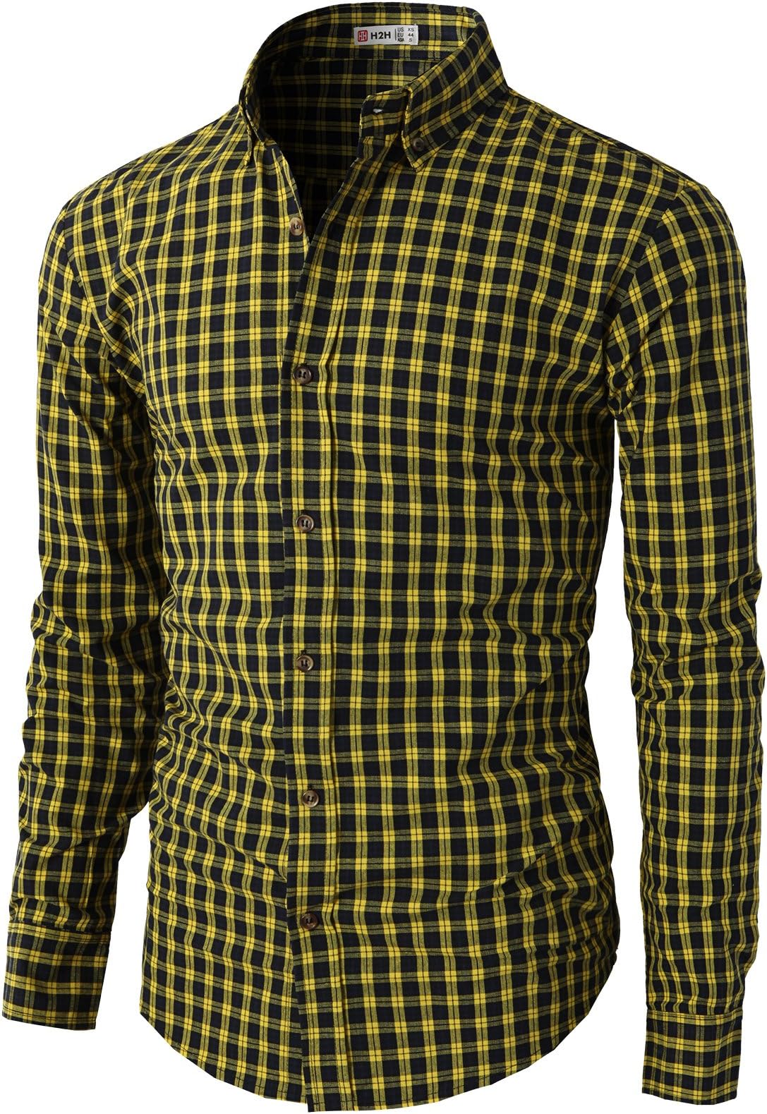 H2H Mens Casual Plaid Long Sleeve Shirt Fashion T-Shirts Yellow US L/Asia XL (KMTSTL0320)
