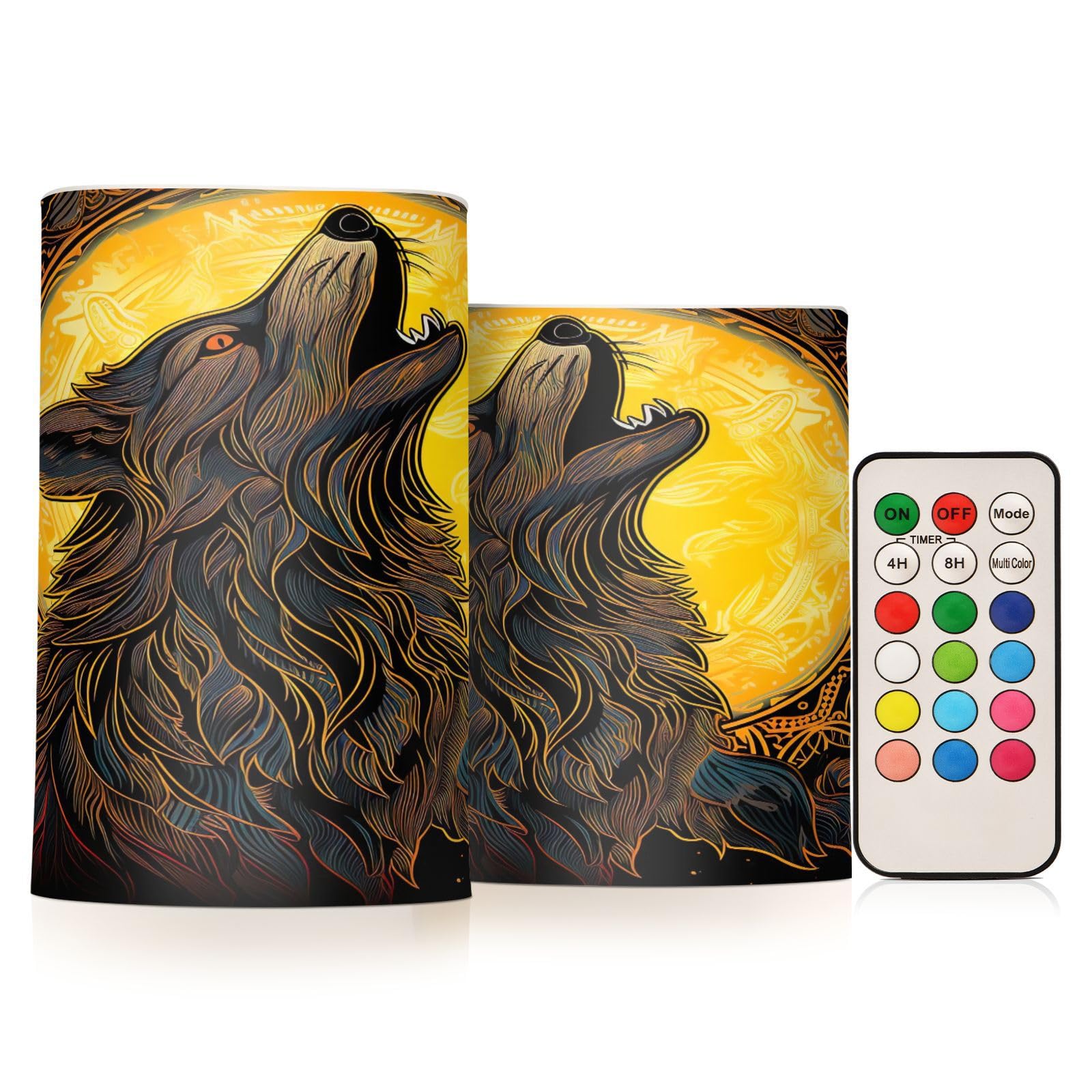 Kigai Indian Wolf Howling Flameless Candles with Remote Control and Timer,Battery Operated LED Pillar Candles Adjustable Brightness for Ourdoor Indoor Use,Home Decor,2 Pack