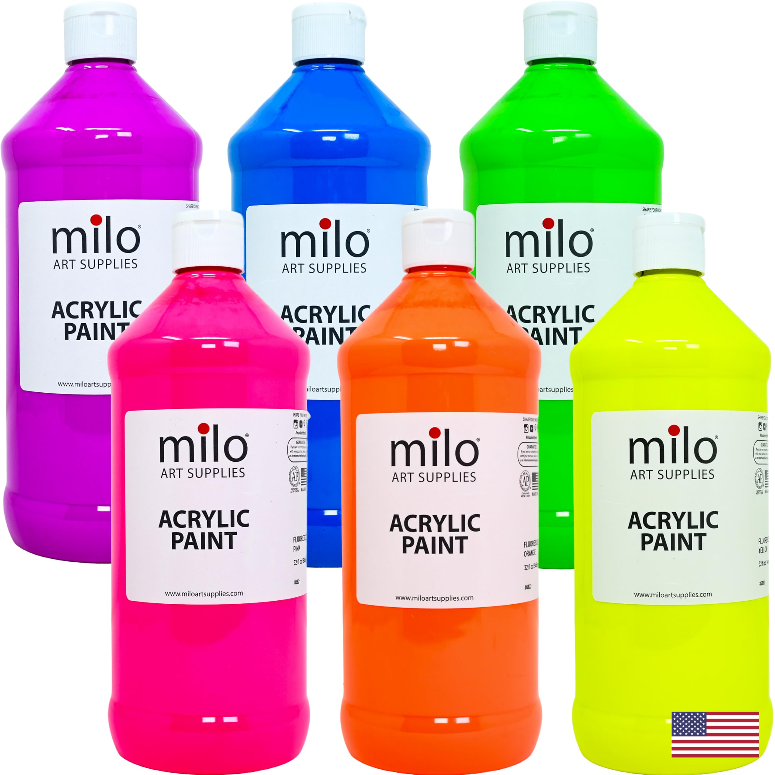 milo Fluorescent Acrylic Paint Set, 6 Neon UV Colors, 32 oz Bottles