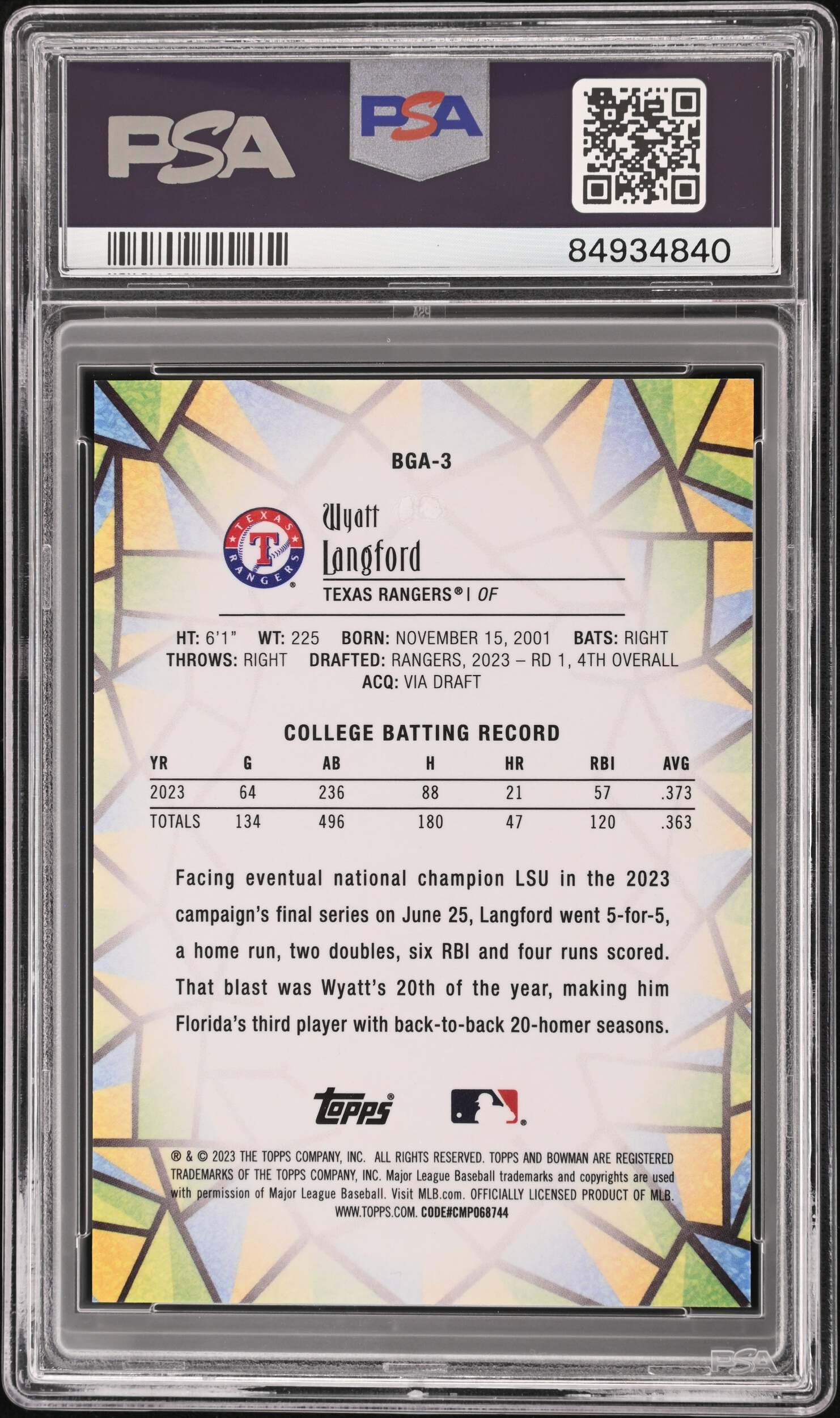 Amazon.com: Graded 2023 Topps Bowman Draft Wyatt Langford #BGA3 