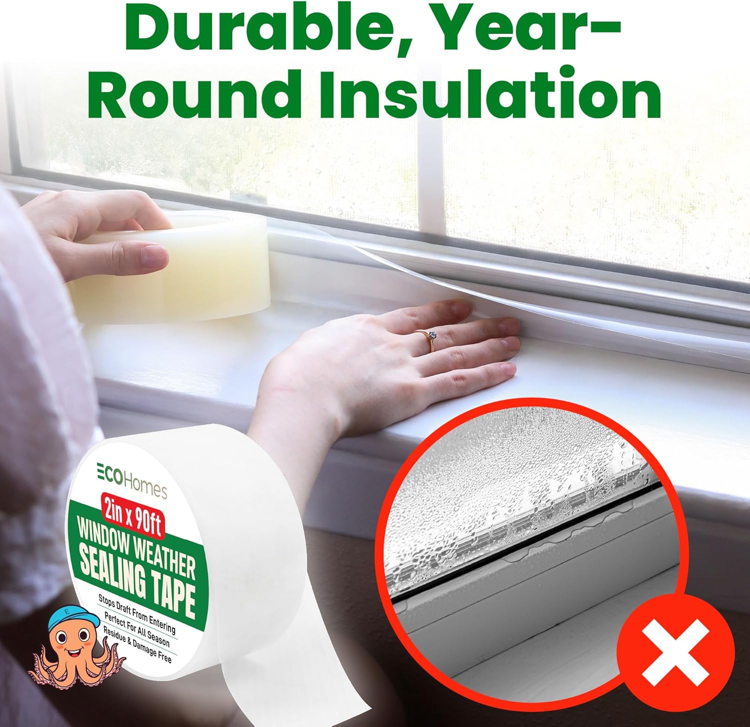 ECOHomes Window Weather Sealing Tape | Winter Weather Stripping Tape to Block Cold Drafts Through Window Gaps and AC Units, Insulation Seal and Draft Blocker for Home (6 Inch by 180 FT, Clear)