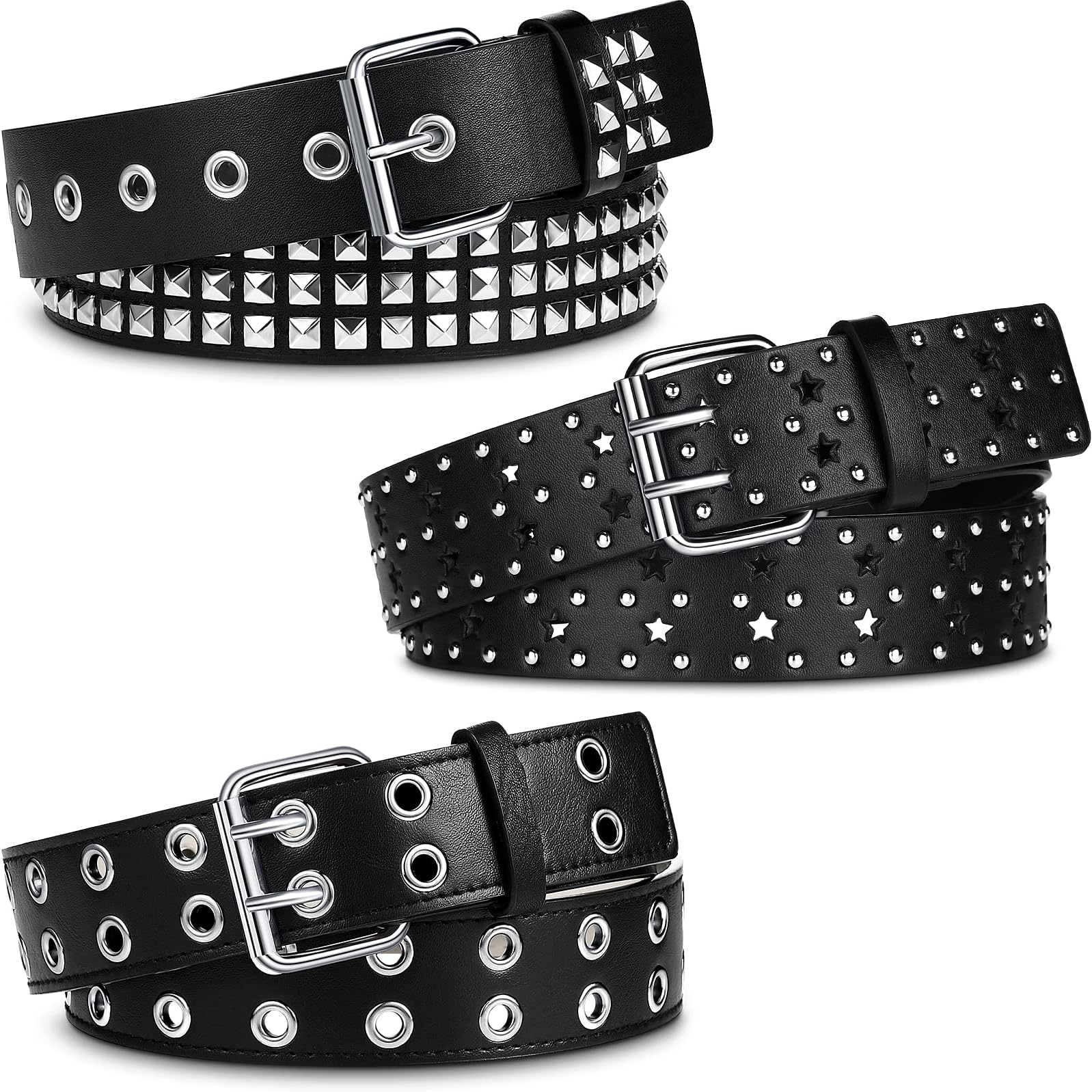 Syhood 3 Pieces Studded Belt Punk Rivet Double Grommet Belt Faux Leather Gothic Goth Black for Men Women Gift