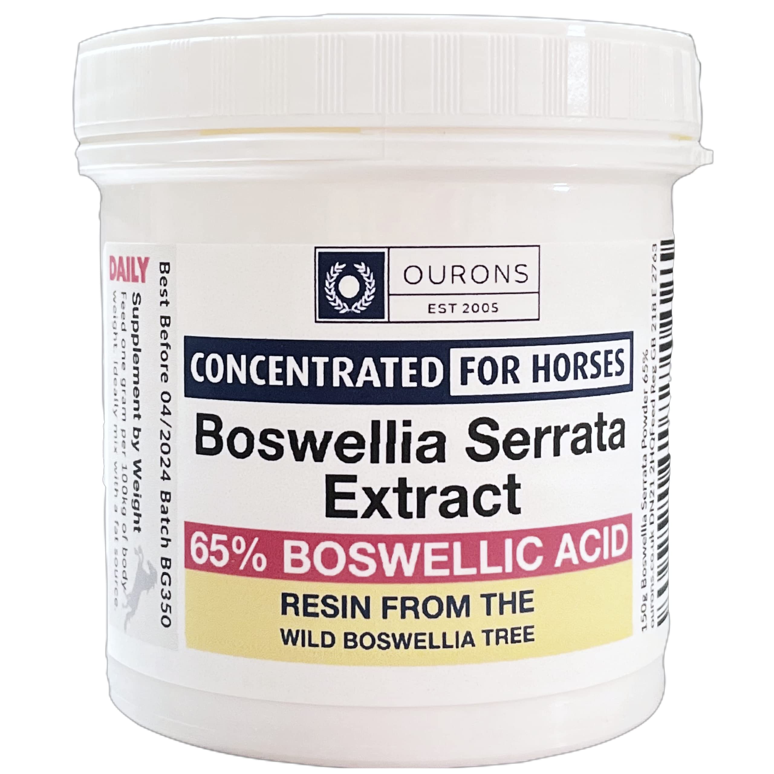 Boswellia Serrata Poudre 150g Chevaux – 65% acides boswelliques | 65 % d'acides boswelliques; extrait d'encens, soutient le confort et la mobilité articulaires du cheval – composition pure