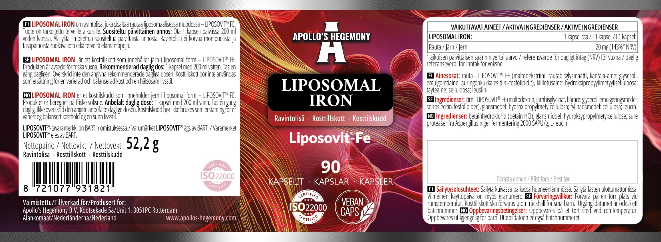 Fer liposomal 20 mg - 90 gélules végétaliennes - Fer à haute absorption avec Liposovit®-Fe - Soutien cognitif - Approvisionnement pour 3 mois - Par Apollo's Hegemony