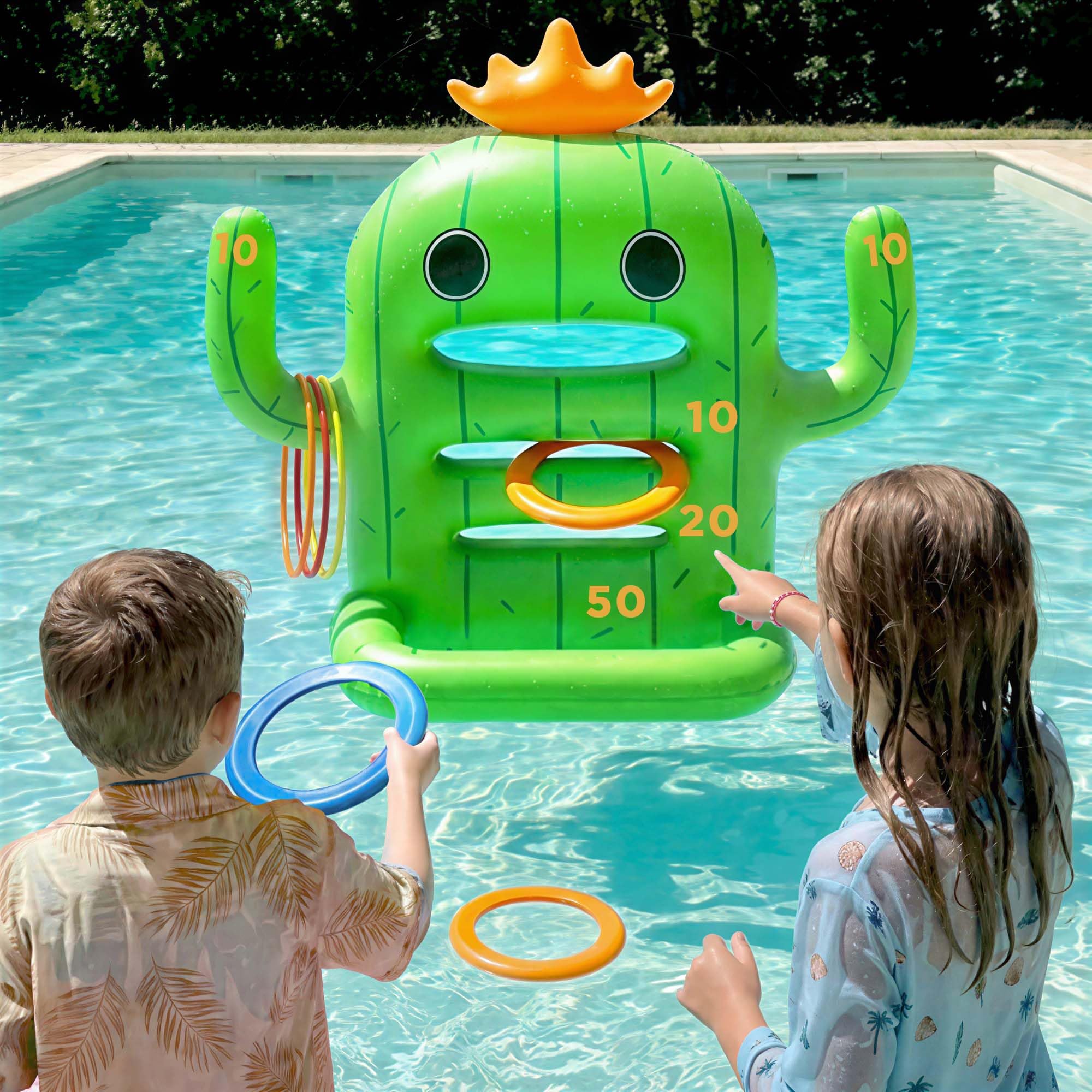 Funscape Kids Pool Toys, Inflatable Cactus Water Toss Game, Outdoor Backyard Play w/6 Rings 6 Discs, Swimming Floating Toy Summer Beach Yard Family