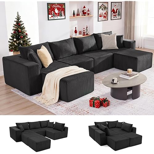 135.4" Cloud Couch Sectional, Modular Sectional Sofa with Deep Seat, Plush Corduroy U Shaped Boneless Couch, Convertible Sectional Couches for Living Room, 6Seat, Black