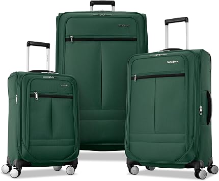 Samsonite 3-PC Soft-Sided 21/25/29 Carry-On, Medium, Large Checked, Lightweight Expandable Element Luggage Set 2 Front & Side Pocket, Four Spinner Wheels, Adjustable Handle, Durable- Deep Green