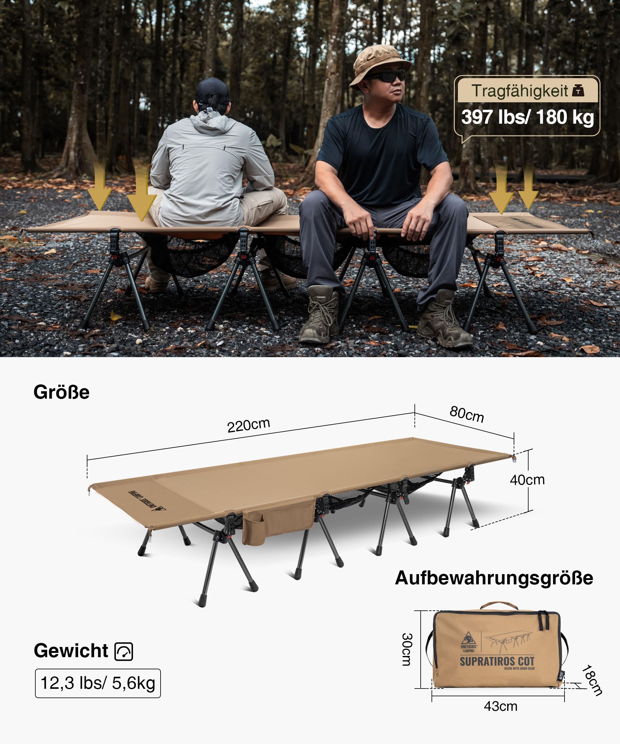 OneTigris SUPRATIROS Lit de camp pliable XXL portable et léger jusqu'à 180 kg pour tente, extérieur, voyage, jardin, bureau (220 x 80 cm)
