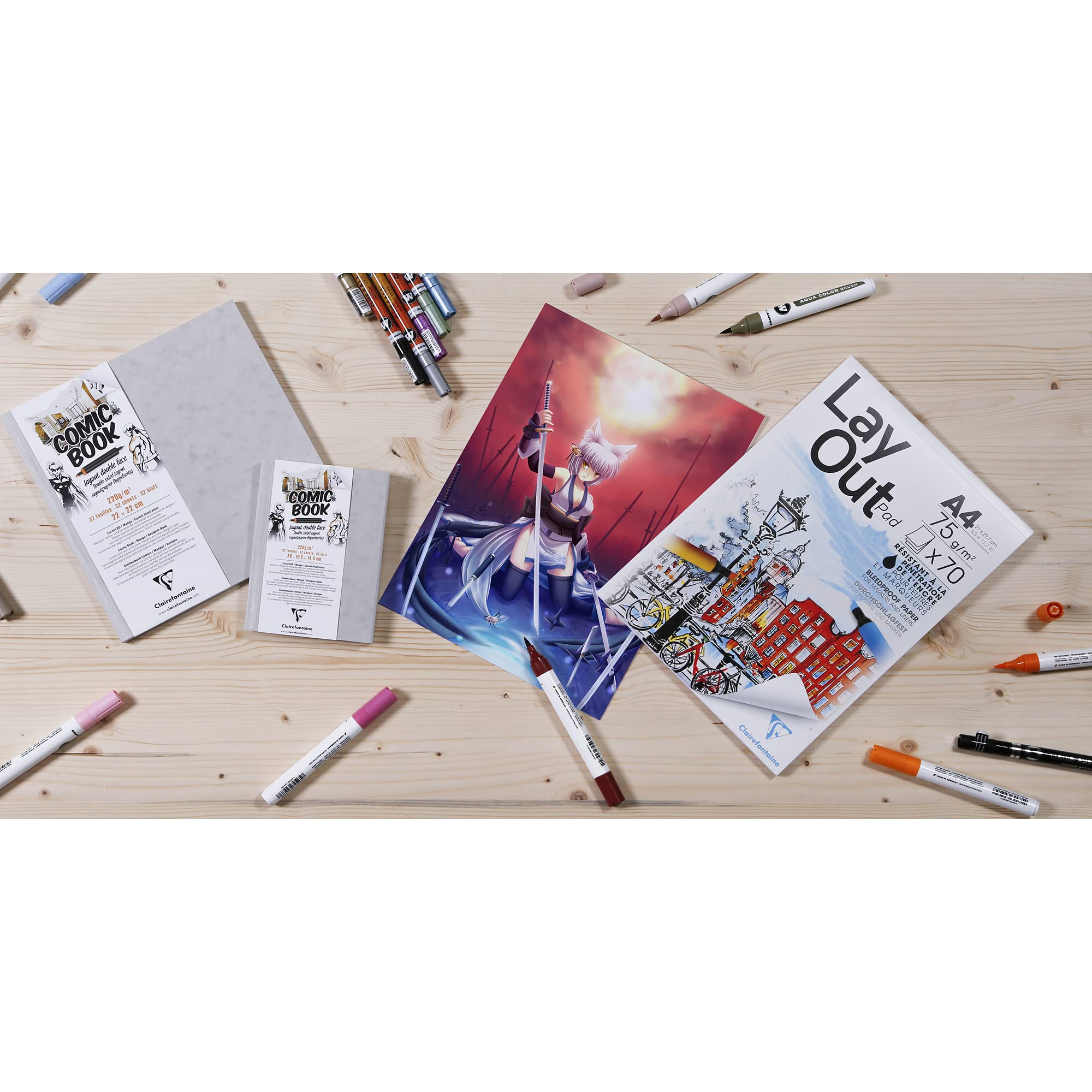 Clairefontaine 975198C Carnet Layout Double-Face - 32 Feuilles Papier Dessin Blanc Extra Lisse 22x22 cm 220g - Papier idéal pour le Dessin au Feutre à Alcool, Encre de Chine et Line Art