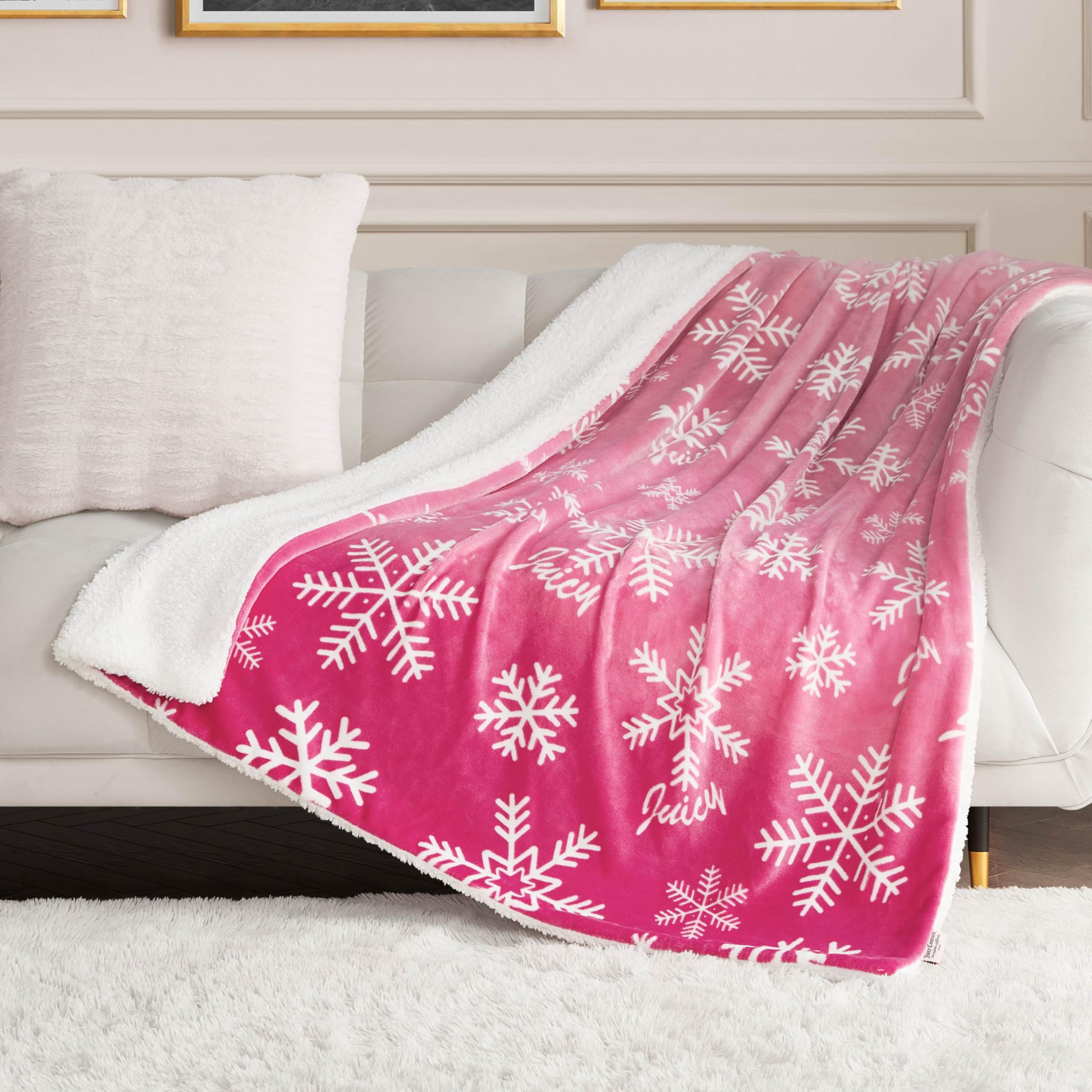 Juicy Couture Ombre Snowflake Reversible Sherpa Plush Throw Blanket 50" X 60", Ombre Pink Snowflake