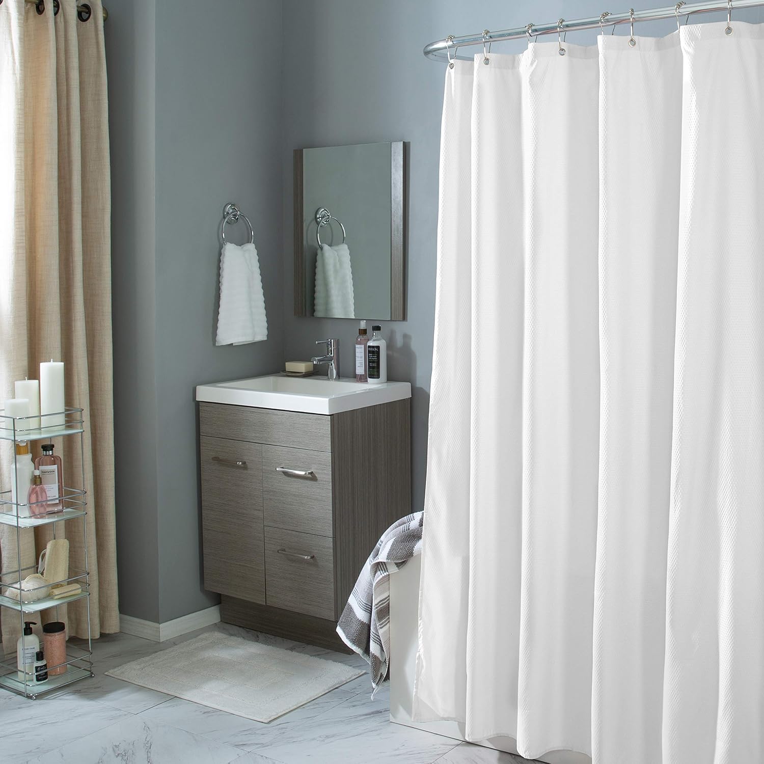 Bath Bliss White Microfiber Soft Touch Diamond Design Shower Curtain Liner, Machine Washable, Rust Resistant Grommets, Repels Water