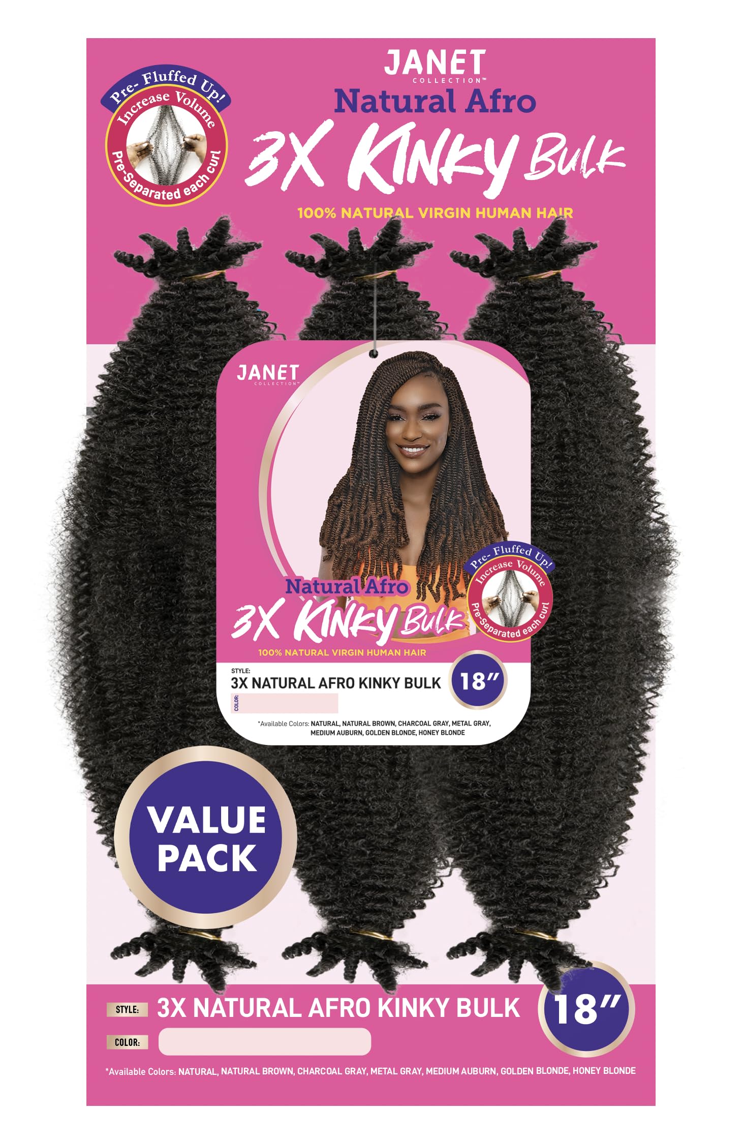 Janet Collection 100% Human Hair Pre-Fluffed Natural Afro 3X Kinky Bulk 18"(NATURAL)
