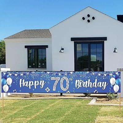 Happy 70th Birthday Banner Balloons Gift Crystal Glittery Stars Confetti Theme Decor Decorations for Men Women 70th Birthday Party Cheers to 70th Years Party Bday Supplies Silver and Blue Backdrop