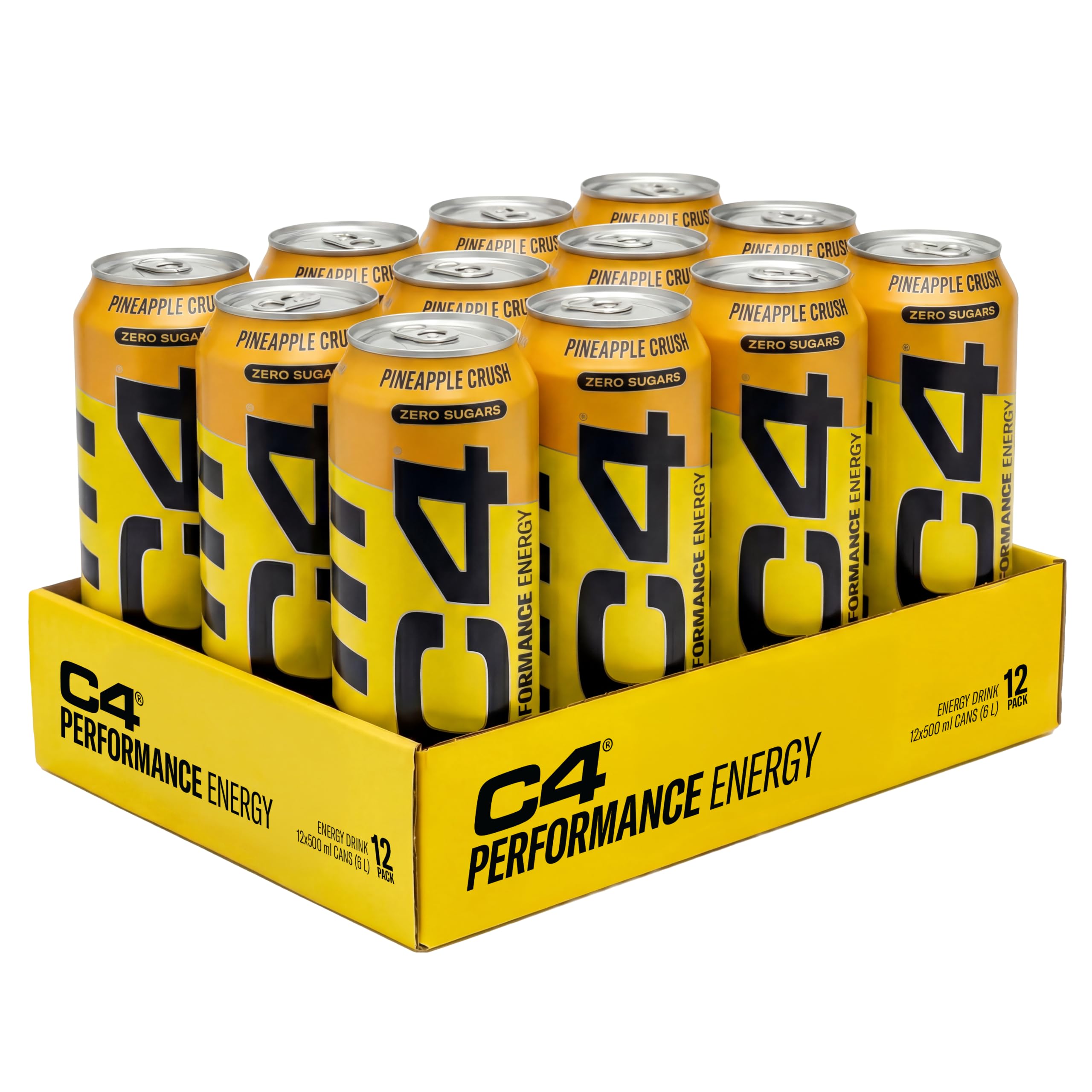 C4 Performance Energy Drinks Pineapple Head 500ml (12 pack) | Sugar Free Energy Drink with 160mg Caffeine, 250mg Betaine, 1050mg Taurine | Low Calorie Fizzy Drinks for On the Go Energy and Focus
