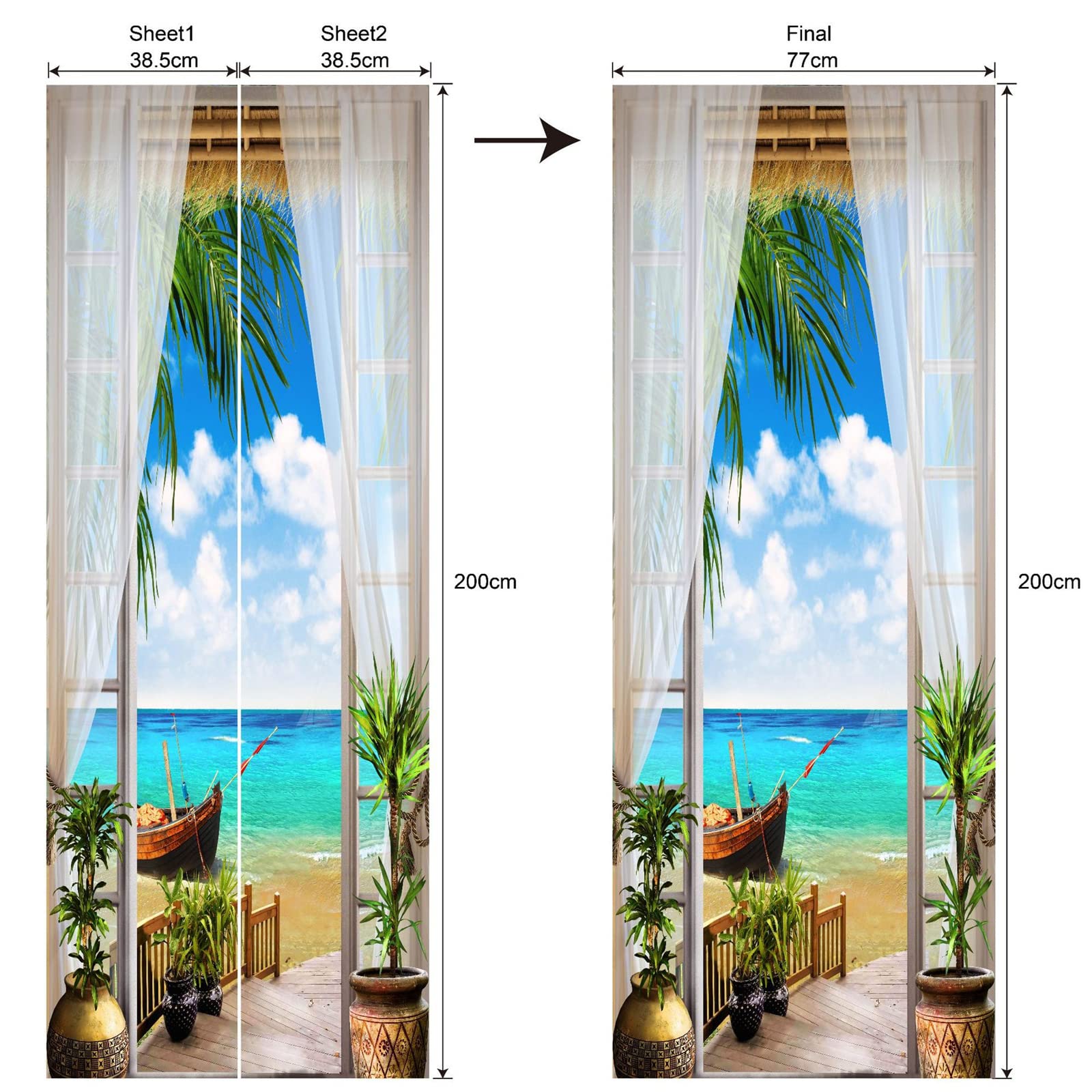FLFK 3D Vista mare Autoadesiva Adesivo per porta 77x200cm(Set di 2 fogli)-Murale Foto Adesivo da parete decalcomania Salotto Camera da letto arredamento