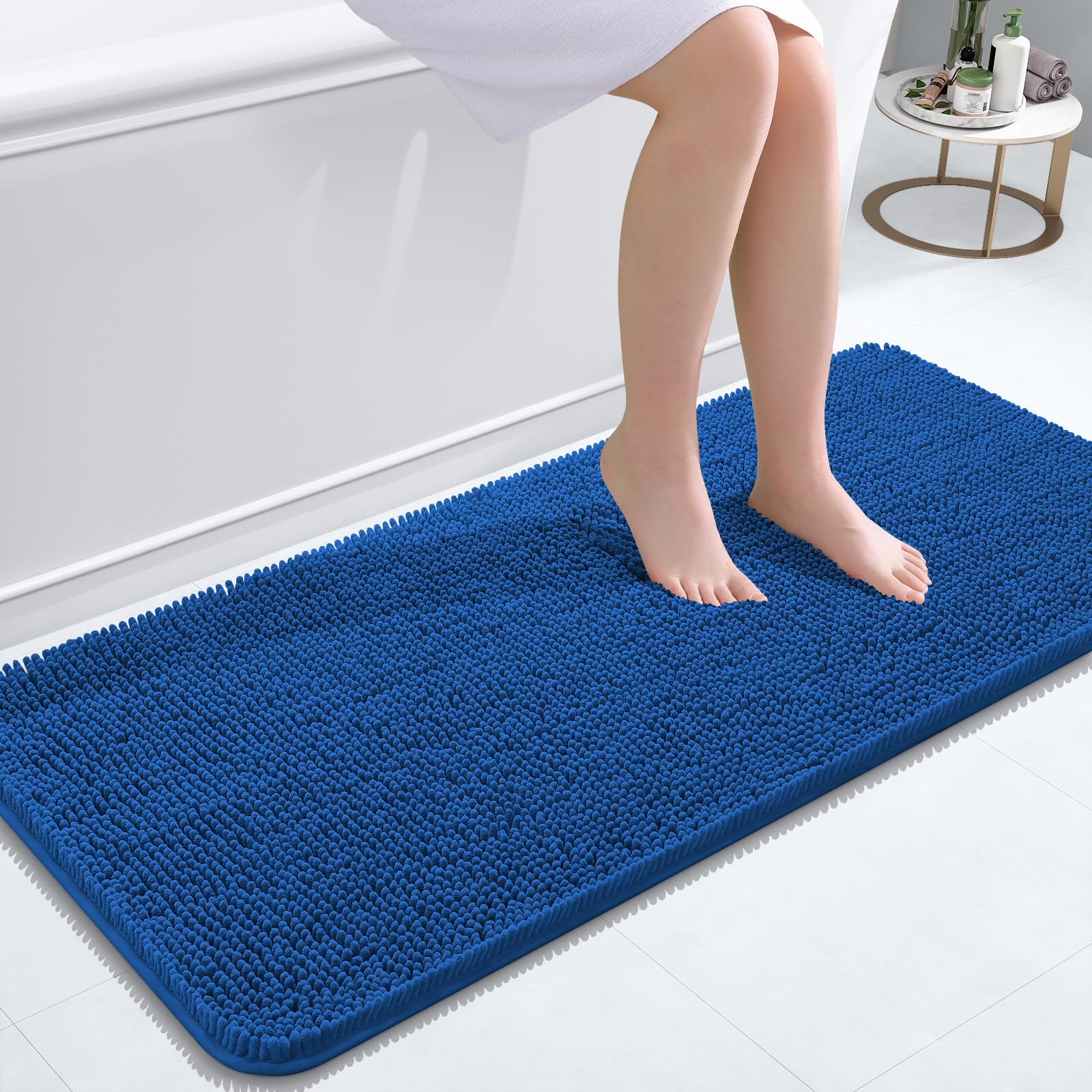 OLANLY Bathroom Runner Rugs 47x20, Extra Soft Absorbent Chenille Bath Rugs | Deep Navy Blue, Quick-Drying Rubber Backing, Machine Washable Long Bath Mat for Bathroom Floor, Tub and Shower, Home Decor