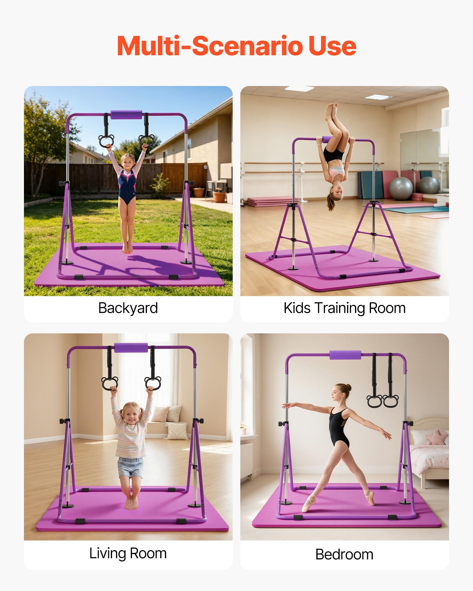 VEVOR Barra da Ginnastica per Bambini, Barra da Ginnastica Carico 63,5 kg Struttura Pieghevole con Tappetino Altezza Regolabile Allenamento Esercizio a Casa, Acciaio al Carbonio Nylon, Colore Viola