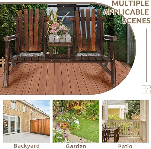 Miniatura 6 de Banco Adirondack de madera para 2 personas para exteriores, juego de muebles de conversación con sofá biplaza rústico y mesa integrada, banco de