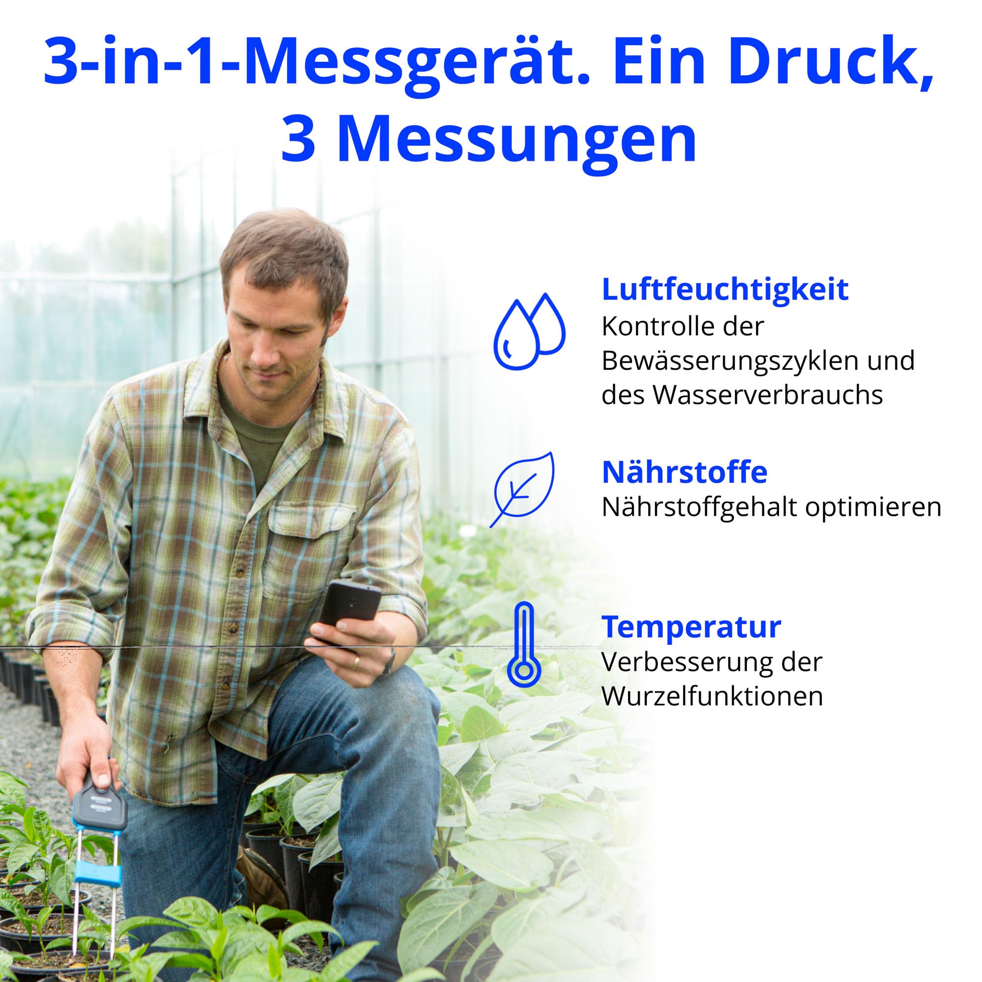 Bluelab METPULSE Pulse Meter Wasser 3-in-1 Feuchtigkeit/Nährstoff (TDS)/Temperatur Test Kit für Erde, Kokos, und Lösung, Tester für Hydroponische System und Indoor-Pflanzen wachsen, Clear