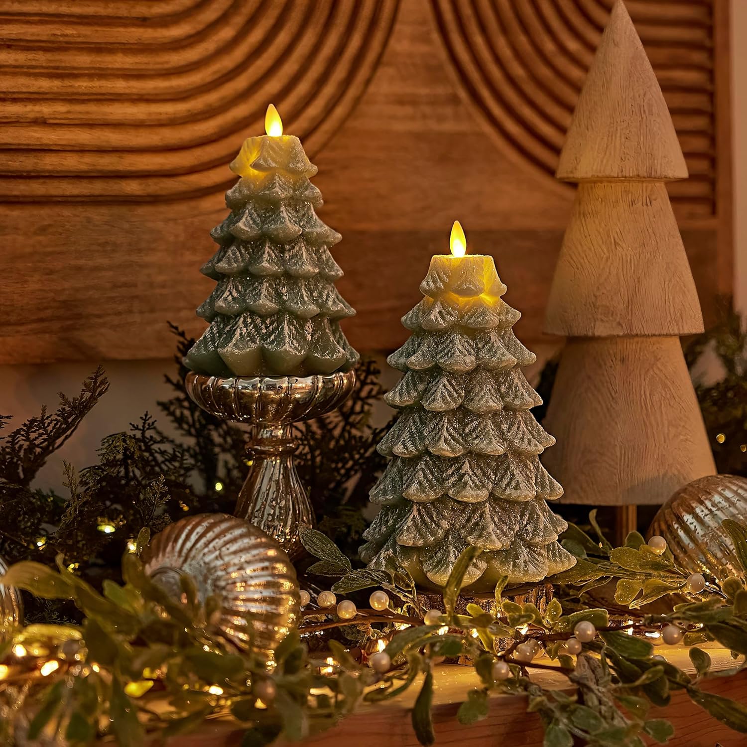 Luminara Christmas Tree Flameless LED Candle, Iceberg Green 5.35" x 8.5", Moving Flame Battery Operated Timer, Holiday Decor, Glitter Snow Finish Safe