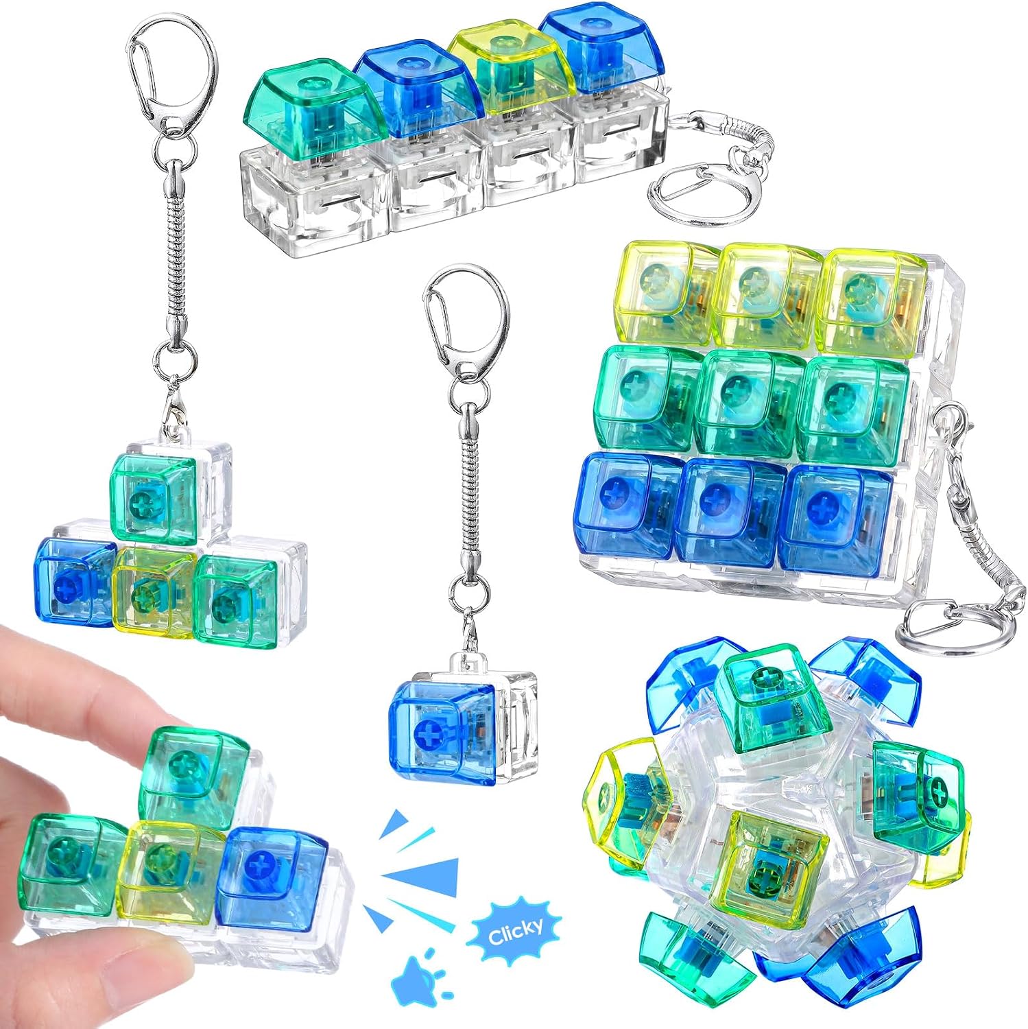 Halloscume 5 Pcs Keyboard Fidget Clicker Keychains in 5 Styles, Back to School Gift Fidget Mechanical Button Clicker Stress Relief Gift for First Day of School Office Home(Blue-Green Gradient)