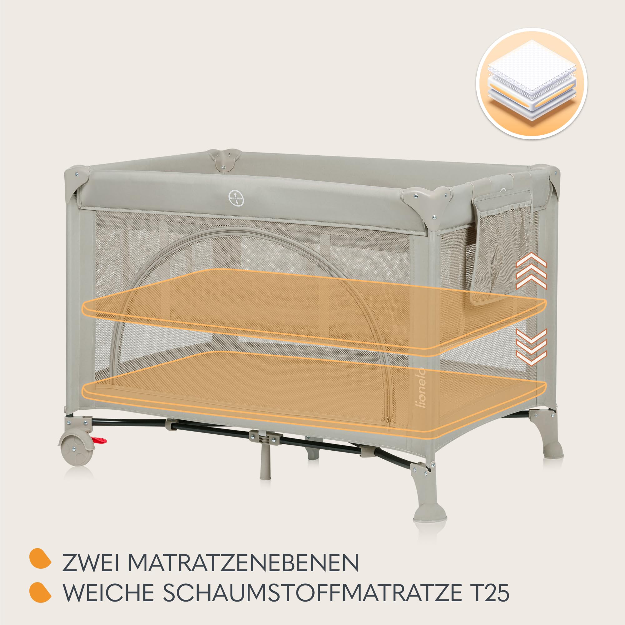 Lionelo Laura 2-in-1 Reisebett bis zu 15 kg Laufgitter von 0 bis 36 Monate Seitlicher Einstieg T25 Schaumstoffmatratze, 2 Höhenstufen, Reisetasche, Räder mit Bremse