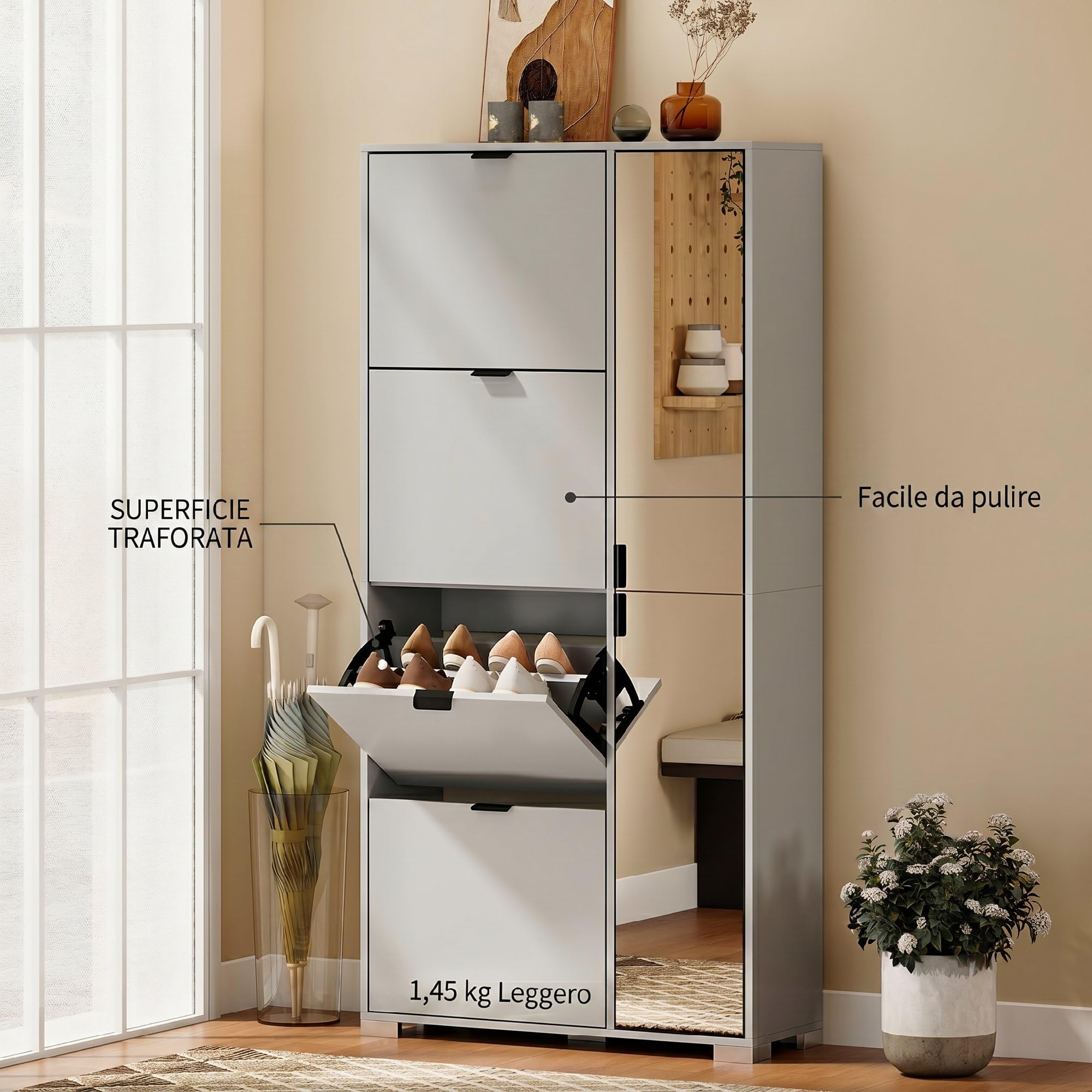 HOMCOM Scarpiera Salvaspazio Slim Alta con 2 Ante a Specchio e 4 Ante a Ribalta, Scarpiera Ingresso con Ripiani Regolabili, 2 Armadietti, 5 Gambe, Porta Scarpe per 16 Paia, 82x30x168 cm, Grigio