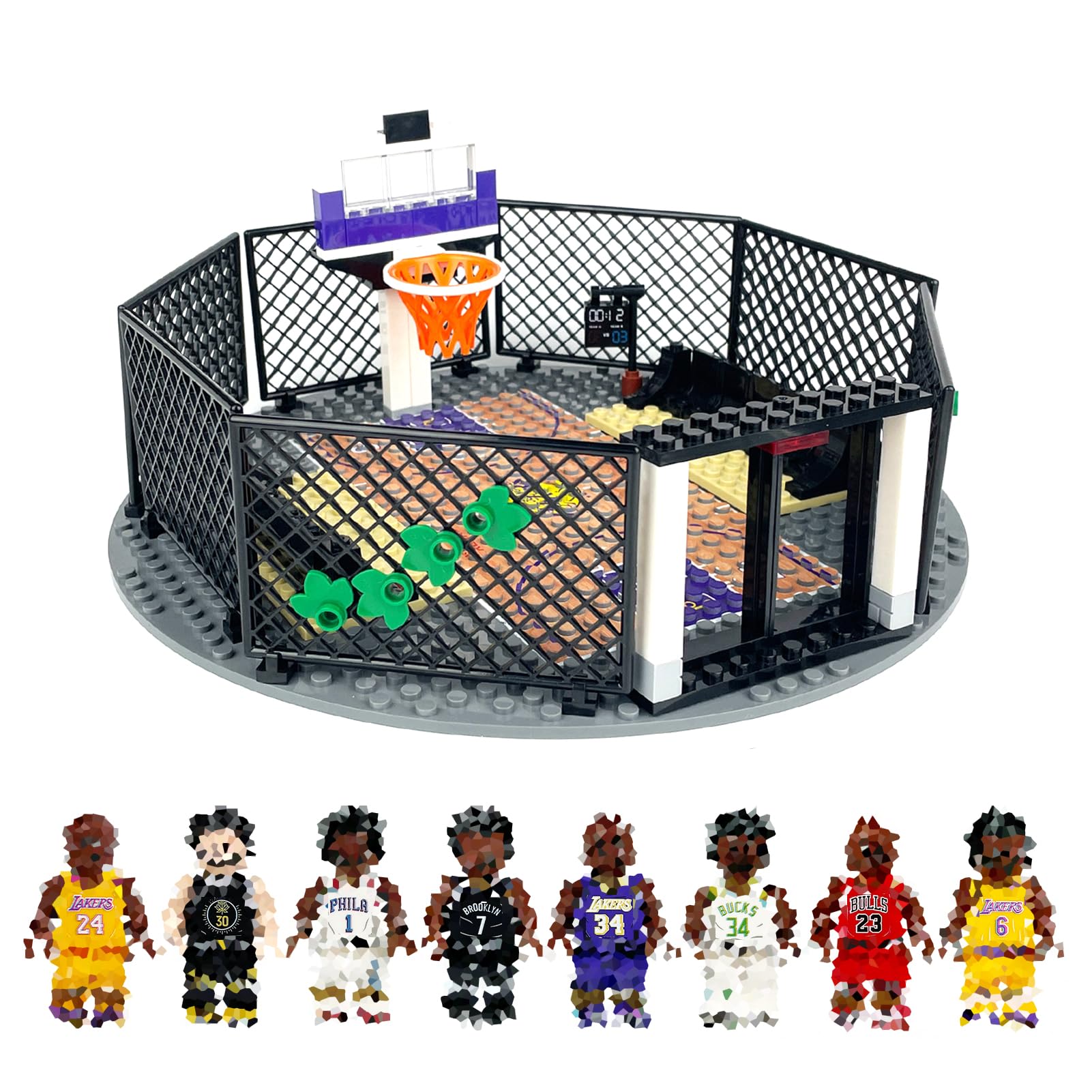 RFFTQQ Street Basketball Court Building Block Set with 8 Famous Sport Figures, Basketball Hoop, Auditorium, Compatible with Lego 853792 Accessory, Best Gift for Kids, Basketball Fans (Gray)