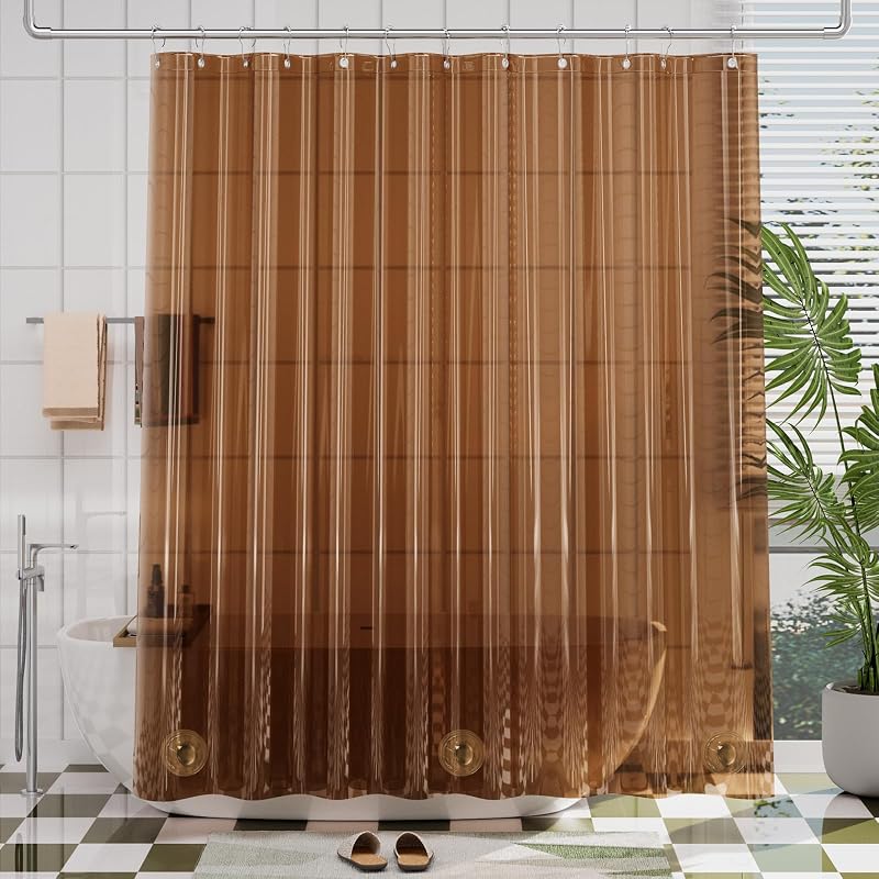 AmazerBath Cortina de ducha de EVA premium ámbar, cortina de ducha de lujo marrón transparente suave, impermeable, forro de ducha marrón transparente con 3 piedras pesadas y 12 ojales, embalaje reciclable