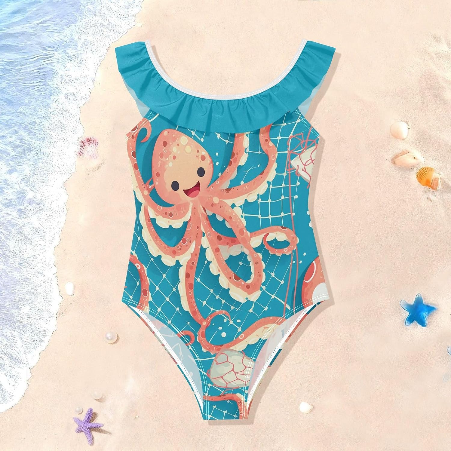 visesunny Girls One Piece Swimsuits Ruffle Swimwear Cartoon Octopus Fishnet Bathing Suits for Girls 3-6Y