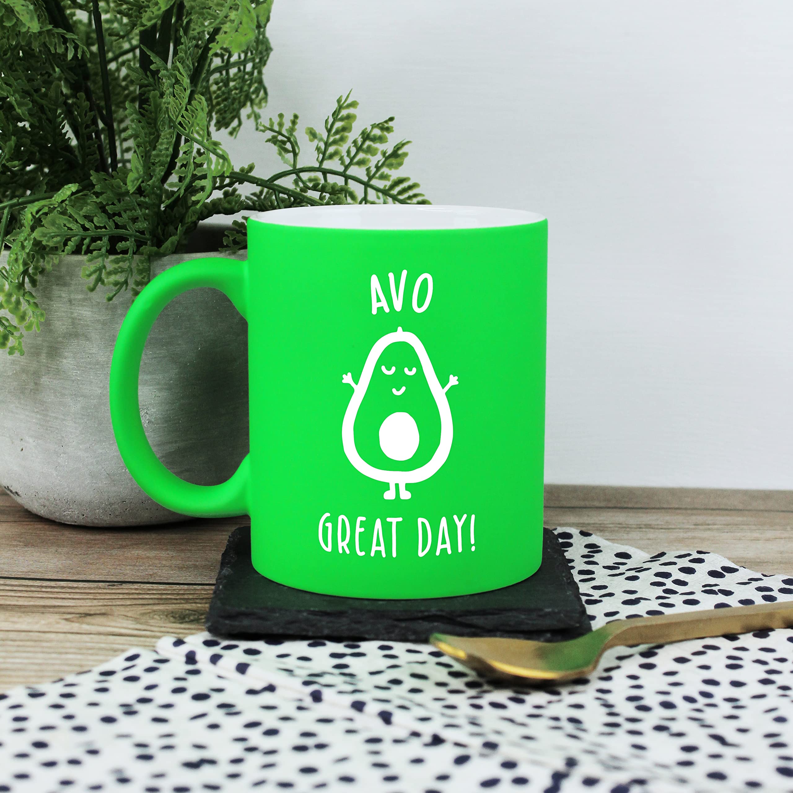 eBuyGB Avocado Mug, AVO Great Day, Avocado Pun Mug, Engraved 350 ml Neon Green Coffee Mug, Birthday Gift for Him/Her, Funny Mug Present