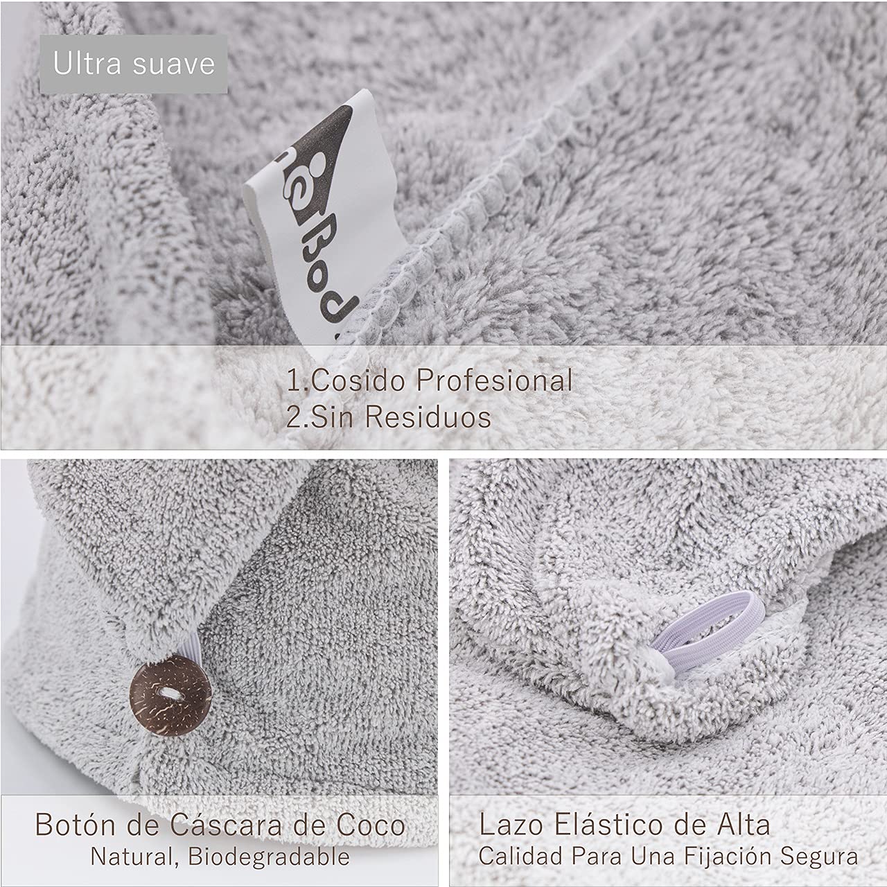 myHomeBody Toallero de Pelo Turbante Secado Rápido Fibra de Bambú Absorbente Ultra Suave Gris 1 Unidad