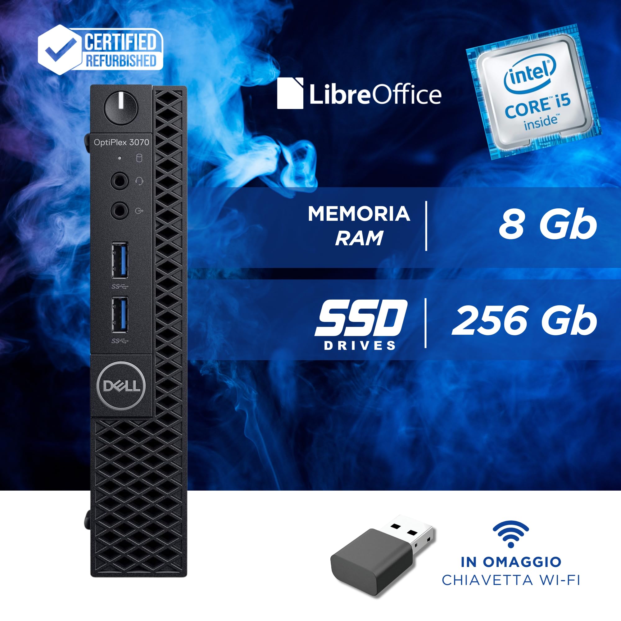 Dell OptiPlex 3070 Micro - Intel i5-9500T 6 Core 2.20 Ghz - Ram 8 GB SSD 256Gb - HDMI Disp Port - Mini Pc Pronto all'uso con Win 11 e Libre Office (Ricondizionato)