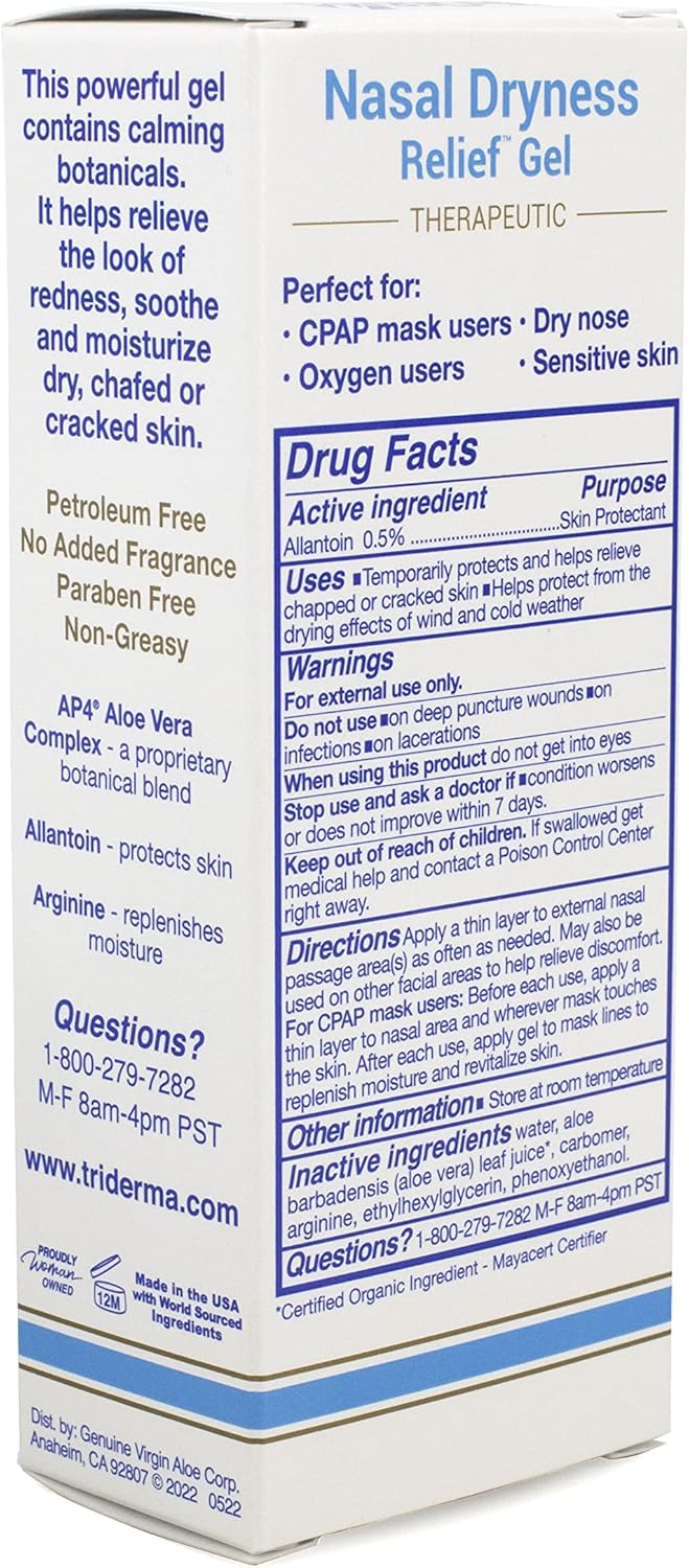 TriDerma Nasal Dryness Relief Gel, FSA Eligible, Soothing AP4 Aloe Vera Gel & Allantoin Skin Protectant, Moisturizes Cracked Skin, Dry Nose from CPAP Machine, Colds, Allergies, Oxygen Use 1 oz-6 Pack