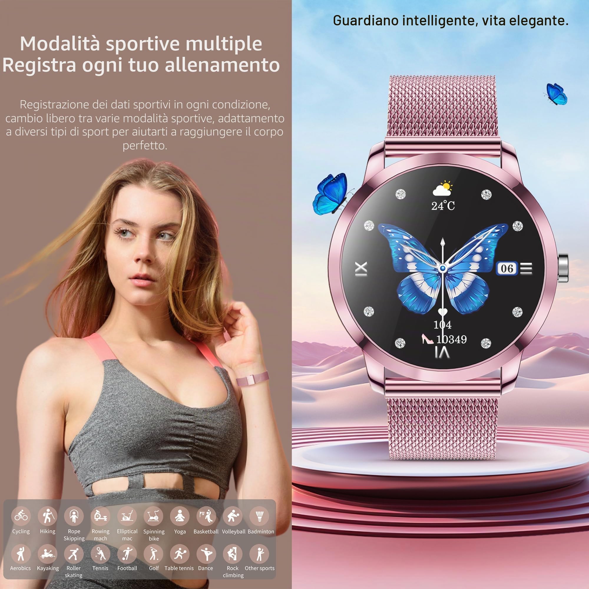 1,09" Smartwatch Donna Chiamate e Risposta Bluetooth, 3 Bracciali, 123 Sport Smartwatch Cardiofrequenzimetro Pressione Sanguigna Monitoraggio del Sonno Orologio Fitness per Android iOS (Rosa)