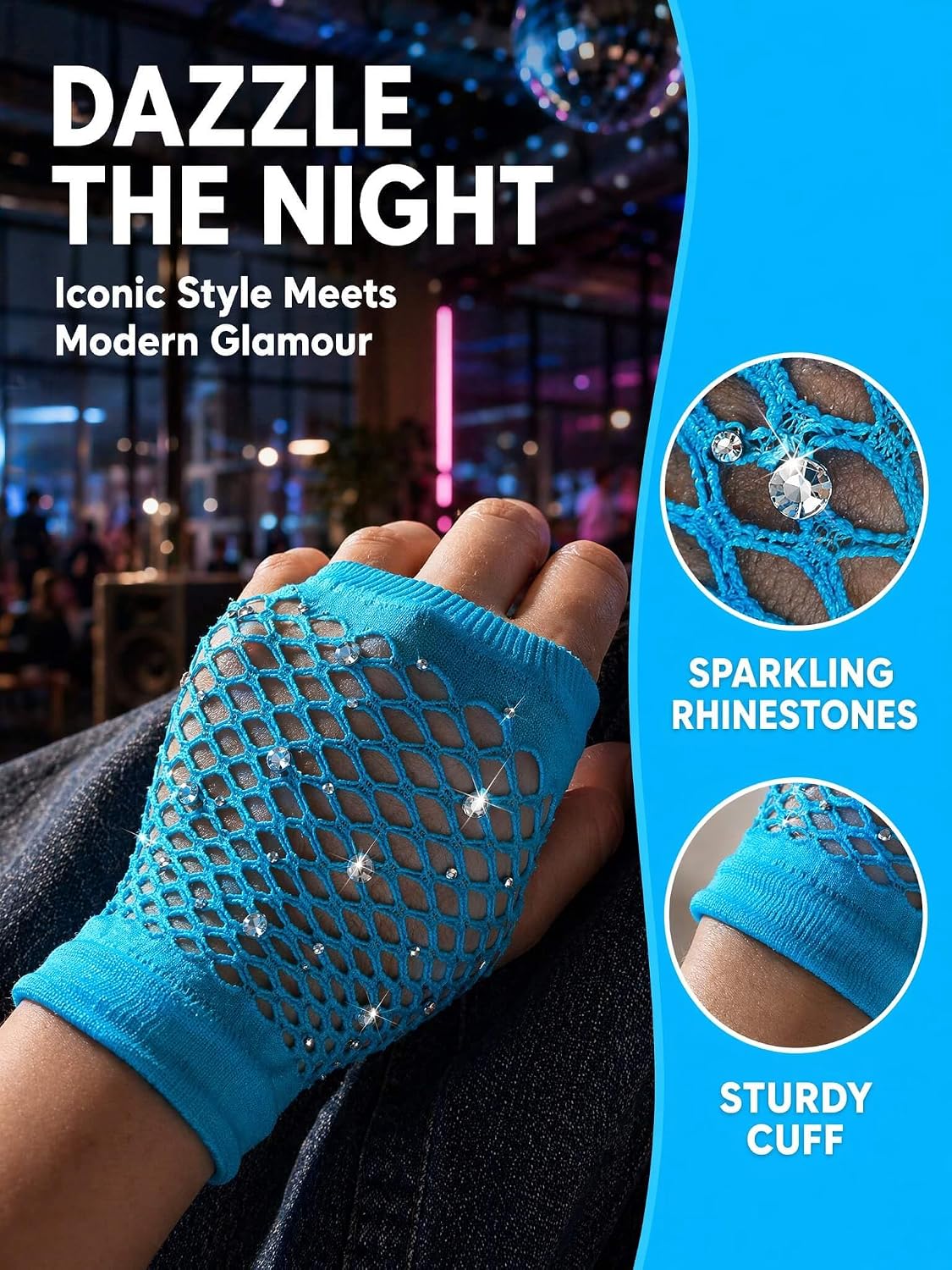OTPEH Short Fishnet Rhinestone Gloves Fingerless 80s Accessories Outfit For Women Girls Rave Gloves image 3