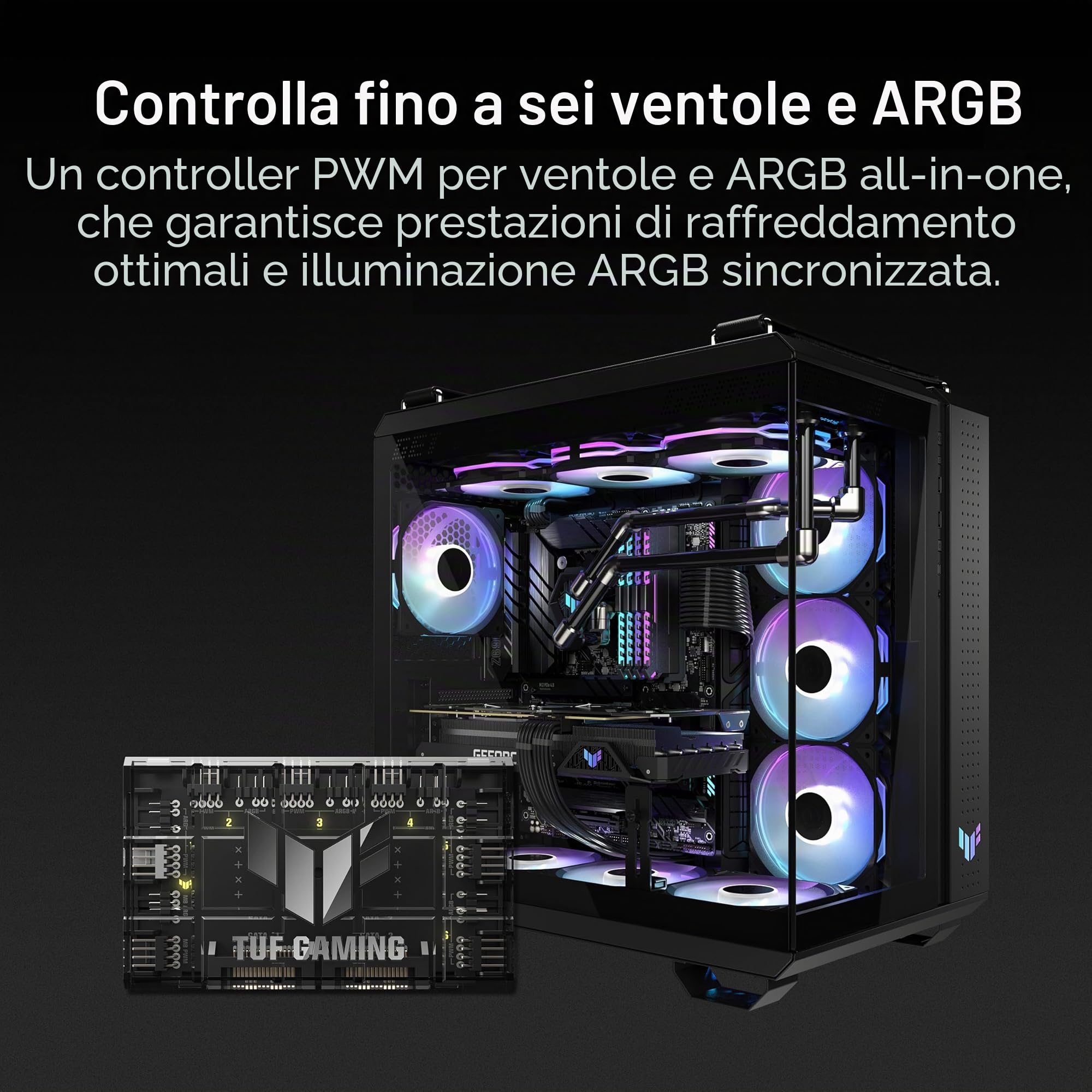 ASUS TUF Gaming ARGB PWM Fan Hub, 6 Ventole Collegabili per il Controllo PWM e ARGB, Doppi Connettori di Alimentazione SATA, Sincronizza gli Effetti per il Raffreddamento e l'Illuminazione, Nero