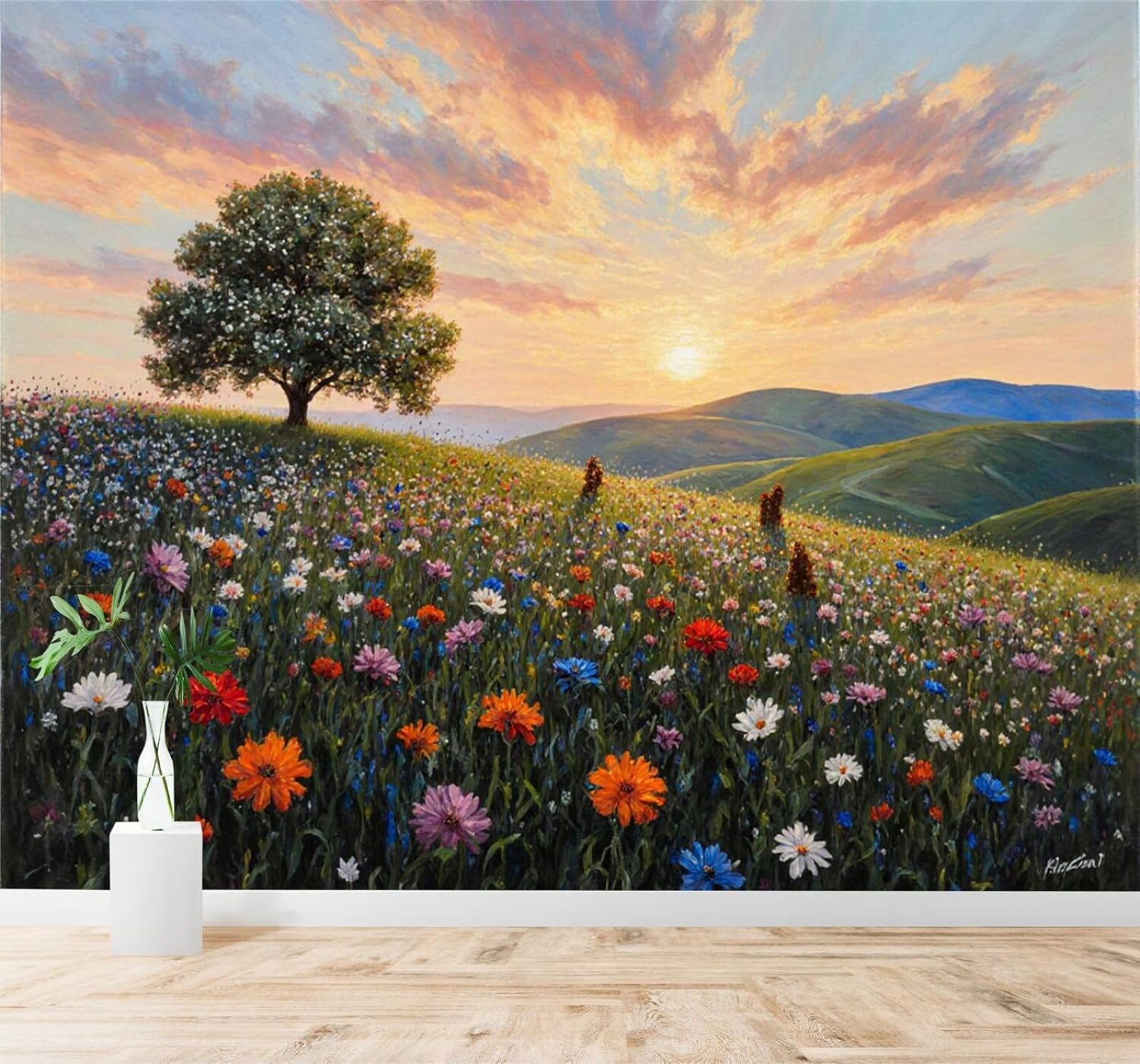 Xlming 400Cm×280Cm(B×H) Trees Wildflowers Meadows Hills Sunset Scenery 3D Wallpaper Premium Textured Silk Study Dining Living Room Bedroom Sofa Tv Wall Easy Install-400Cm×280Cm