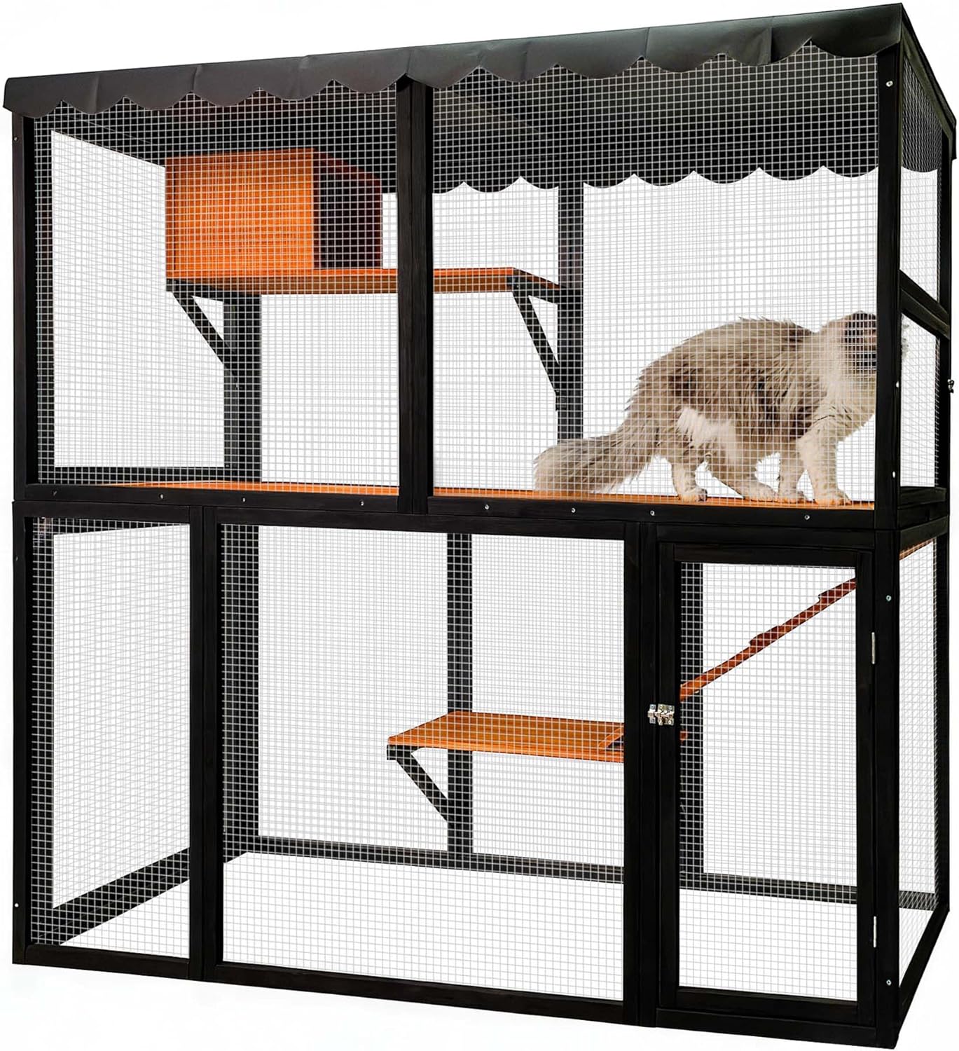 Majnesvon Large cat Outdoor Enclosure with Ramp, 4 Tier cat cage Outdoor with 4 Doors & Cover, Wooden catio Indoor with Metal mesh for 2-3 Cats