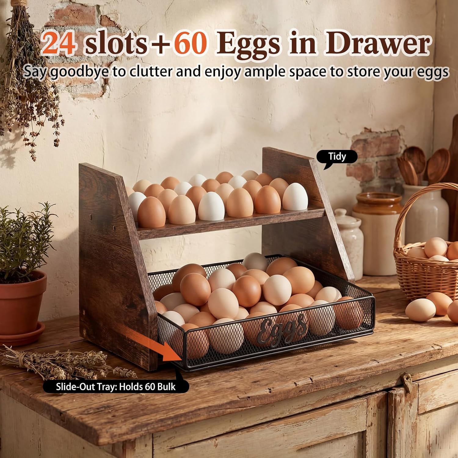 LemonRoad Wooden Egg Holder Fresh Egg Holders with Wire Basket Organizer for Countertop 24+60 Eggs Rustic Kitchen Organizer Basket for Gathering Fresh Chicken/Duck/Quail/Turkey Eggs(Brown)