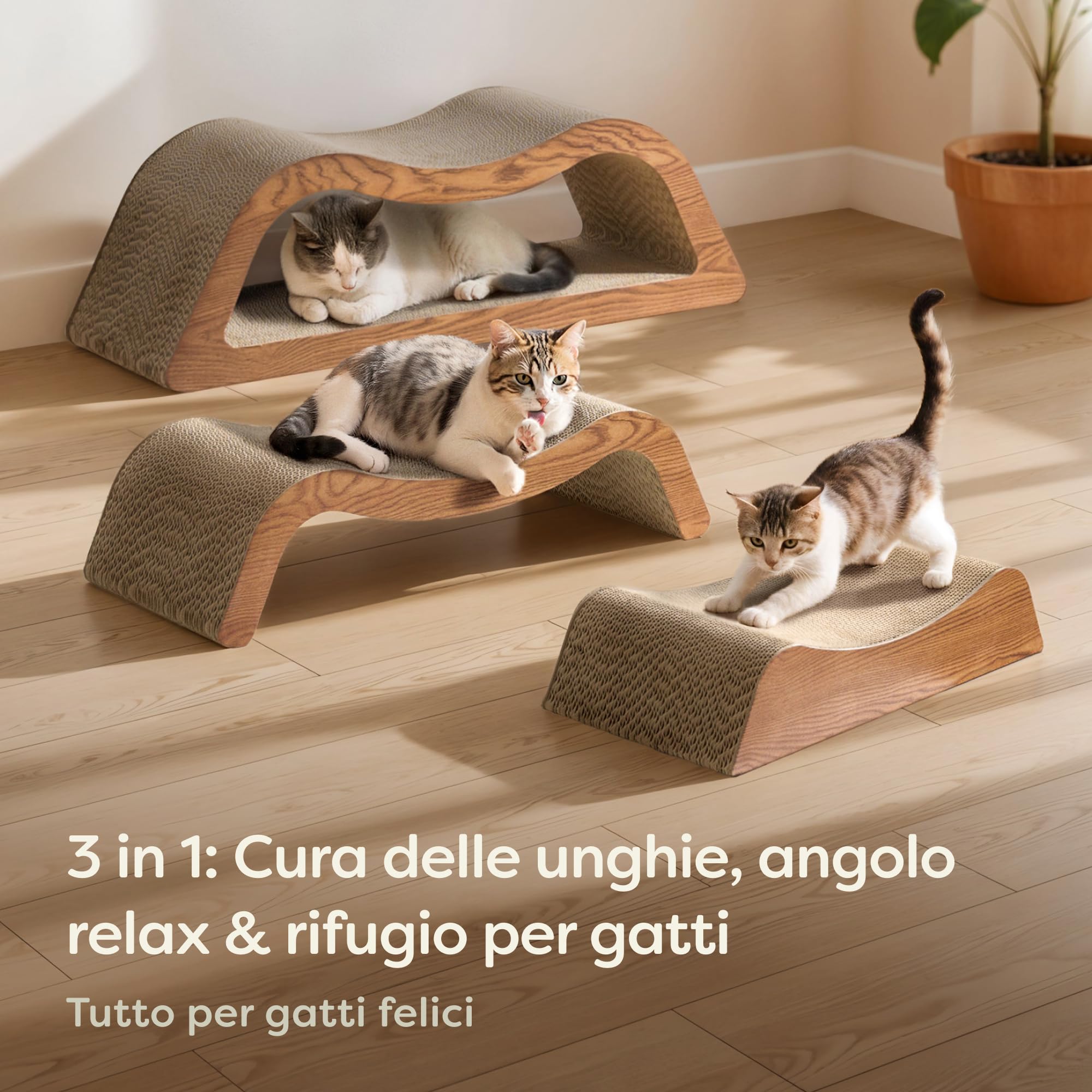 Knupis Tiragraffi Gatto 3 Pezzi XXL 75 cm – Cartone Resistente per Cura delle Unghie – Fino a 2 Anni di Utilizzo – Salvaspazio – Protegge Divani e Mobili (Cloud- Marrone)