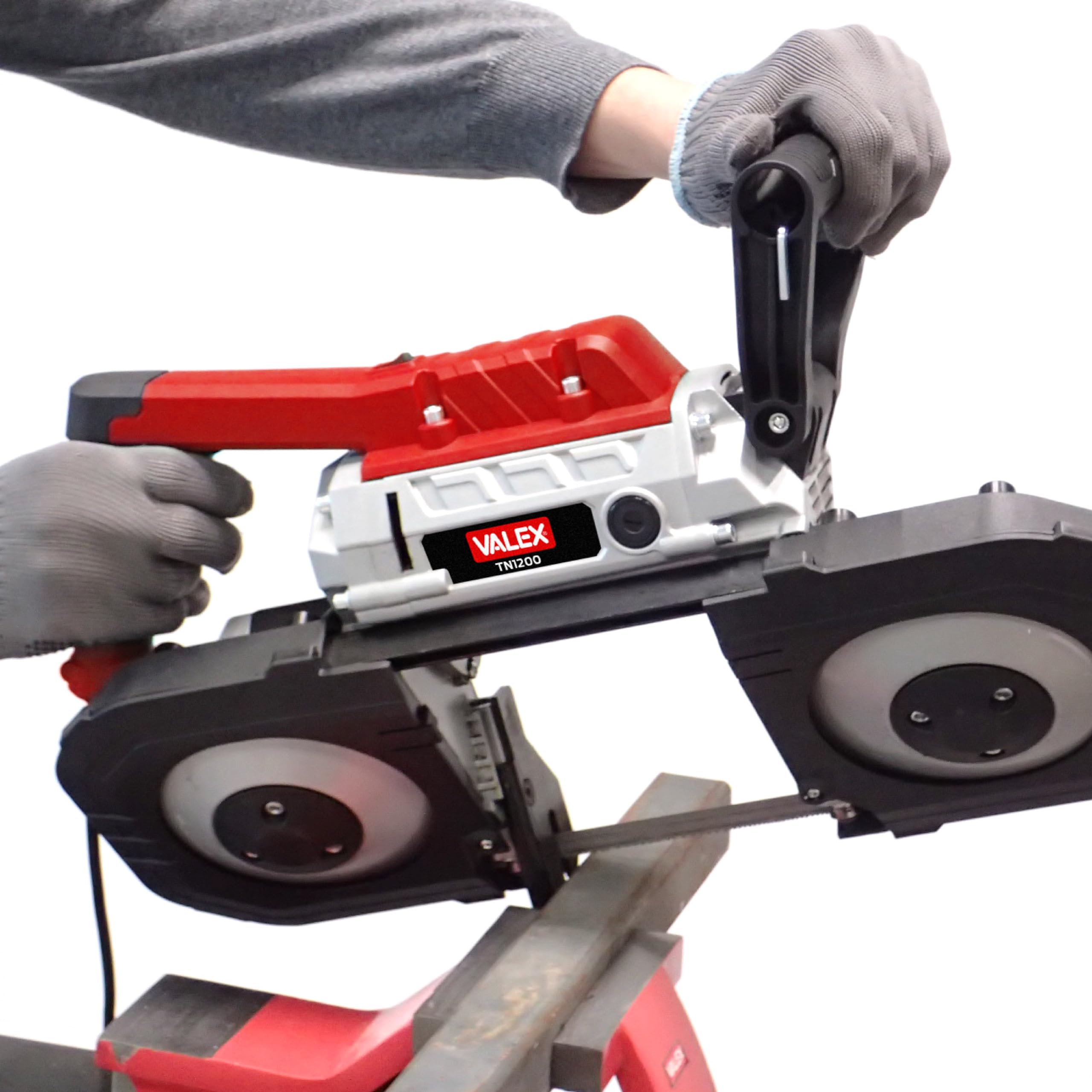 Valex TN1200 Sega a Nastro Portatile, 1200W, per Metalli e Profilati Plastici, Taglio max Ø127mm, con Piedistallo