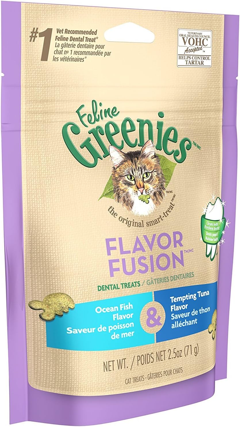 DISCONTINUED: FELINE GREENIES FLAVOR FUSION Dental Cat Treats Ocean Fish and Tempting Tuna Flavors 2.5 oz.